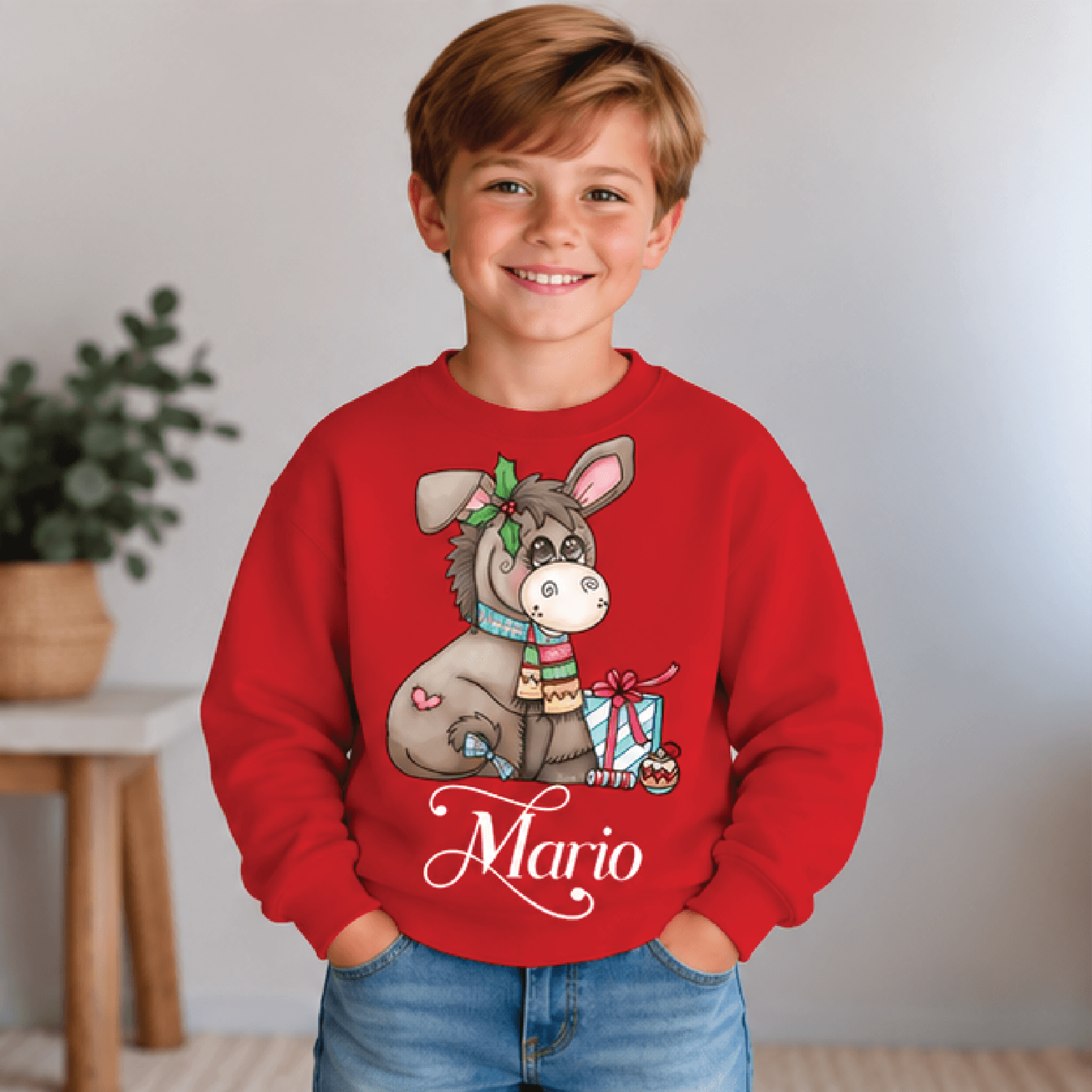 Personalized Christmas Donkey Sweatshirt Kids Youth Unisex Custom Name Cute Donkey Holiday Crewneck 3