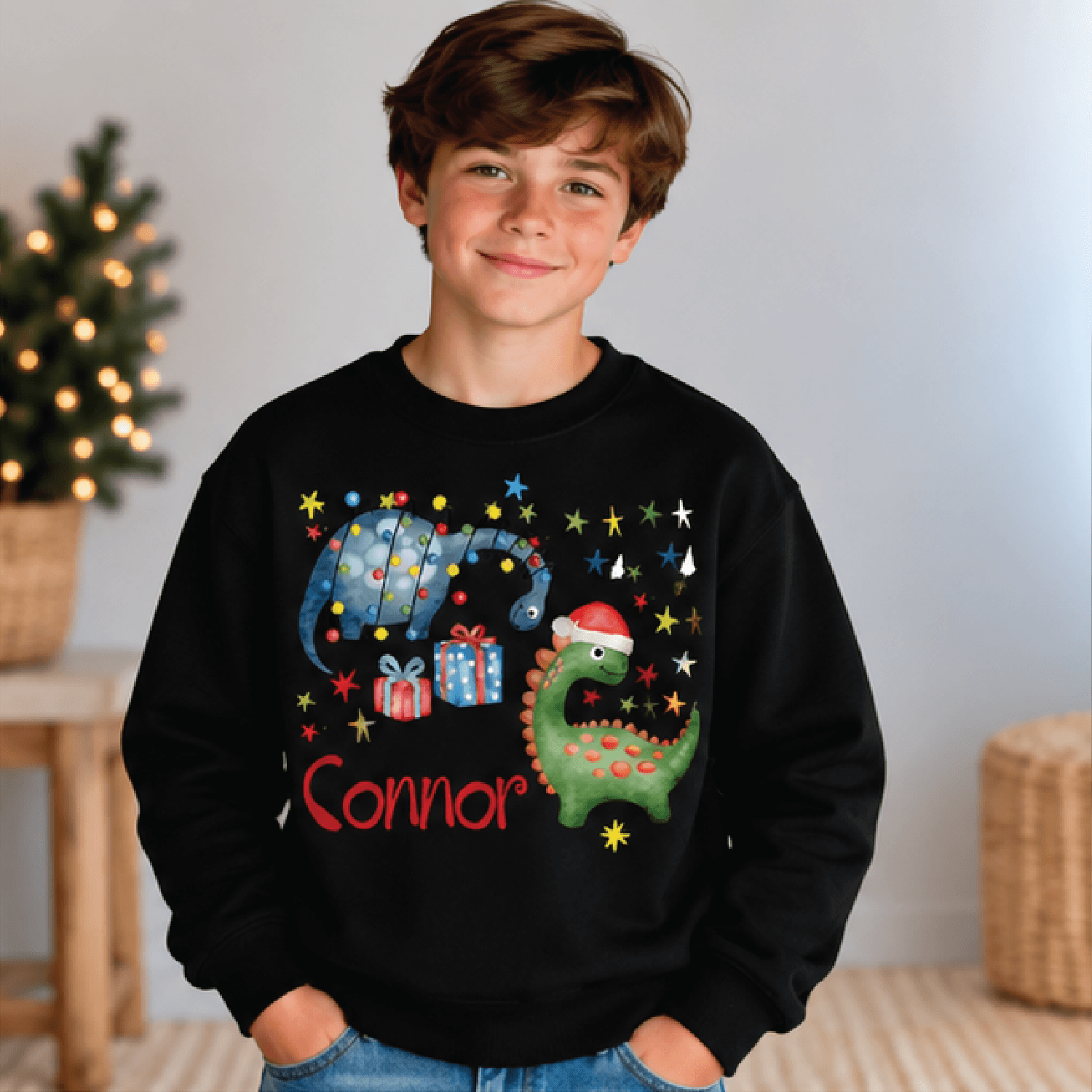Personalized Christmas Dinosaur Sweatshirt Kids Youth Unisex Custom Name Dino Holiday Lights Festiv 1