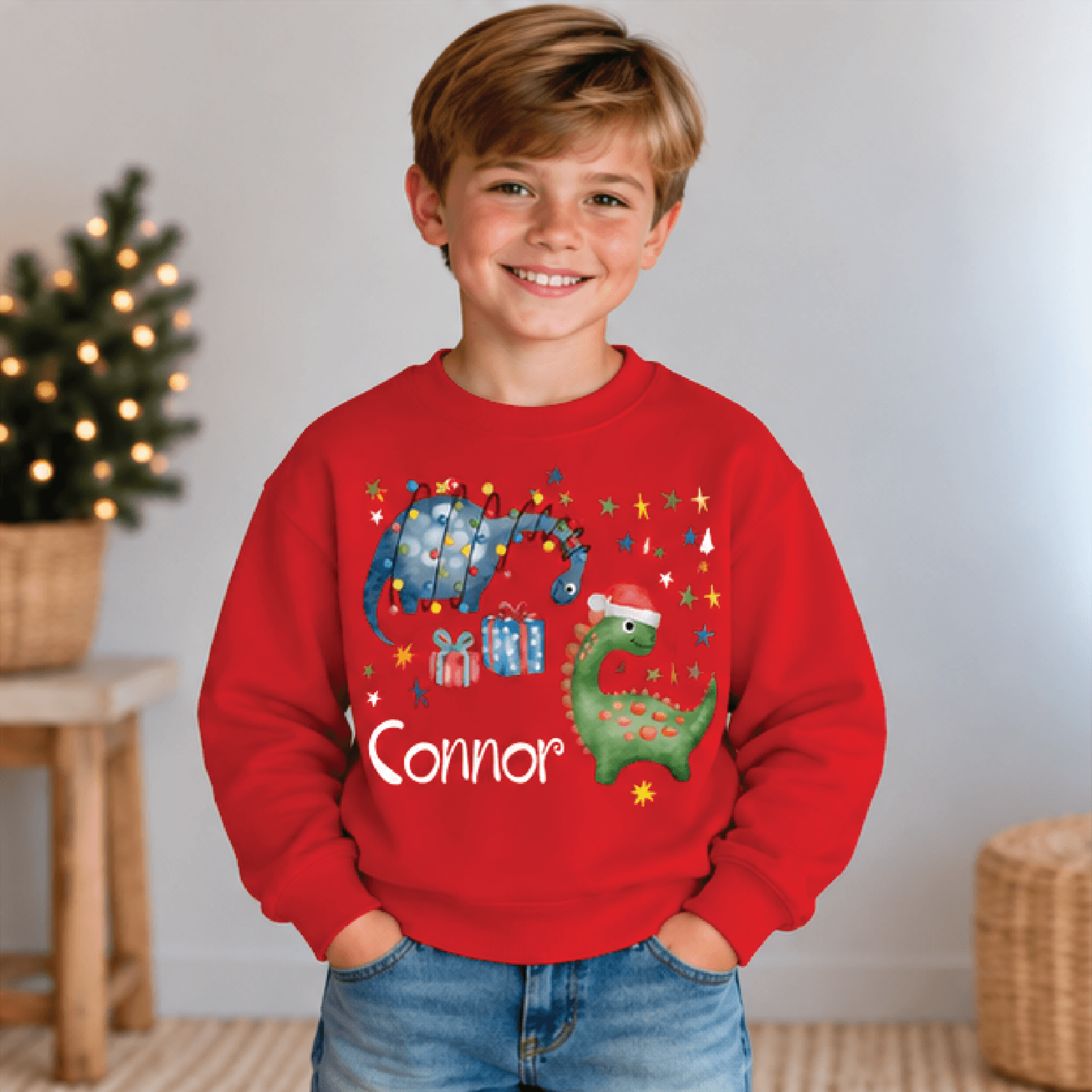 Personalized Christmas Dinosaur Sweatshirt Kids Youth Unisex Custom Name Dino Holiday Lights Festiv 3