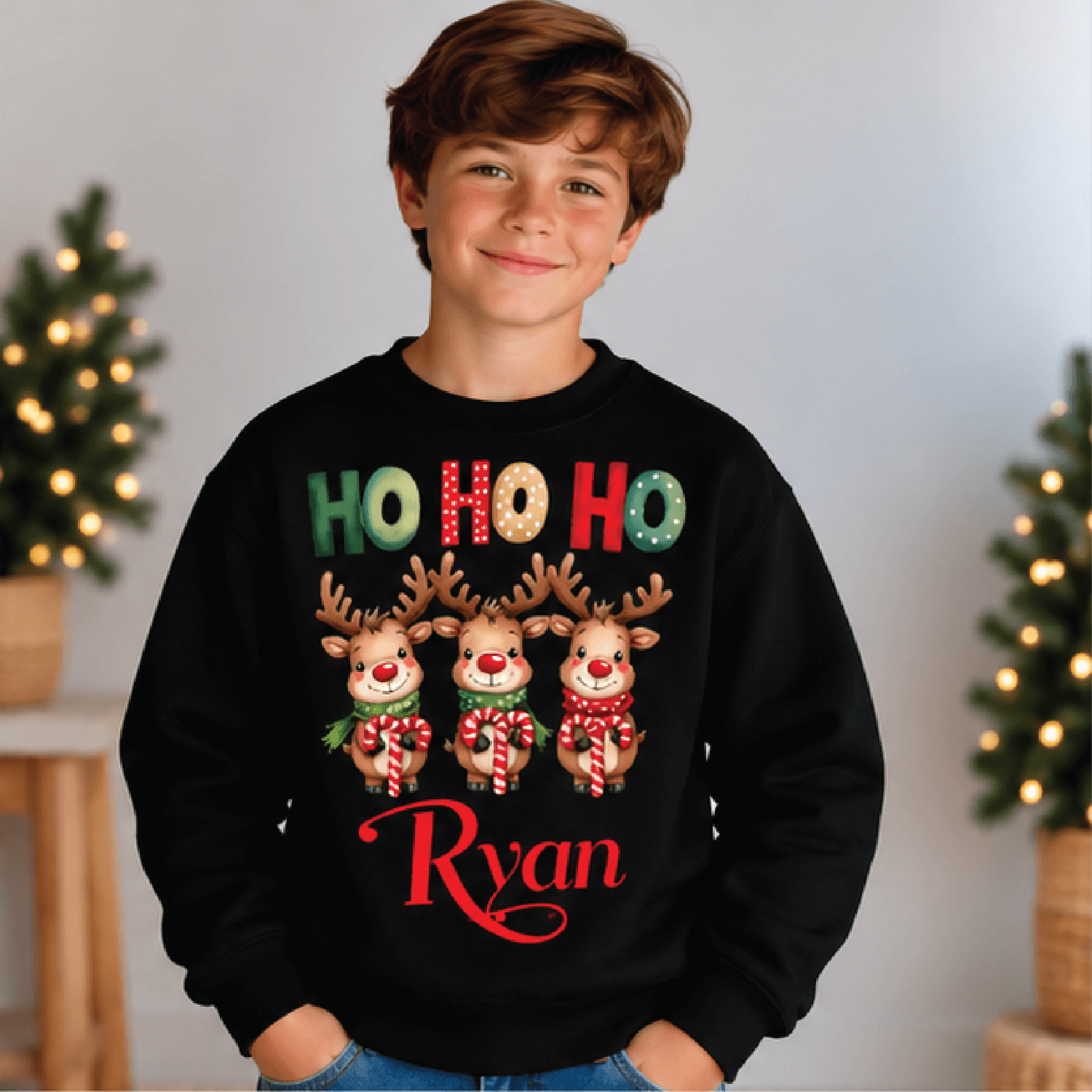 Personalized Ho Ho Ho Reindeer Sweatshirt Kids Youth Unisex Custom Name Christmas Crewneck Cute Hol 1