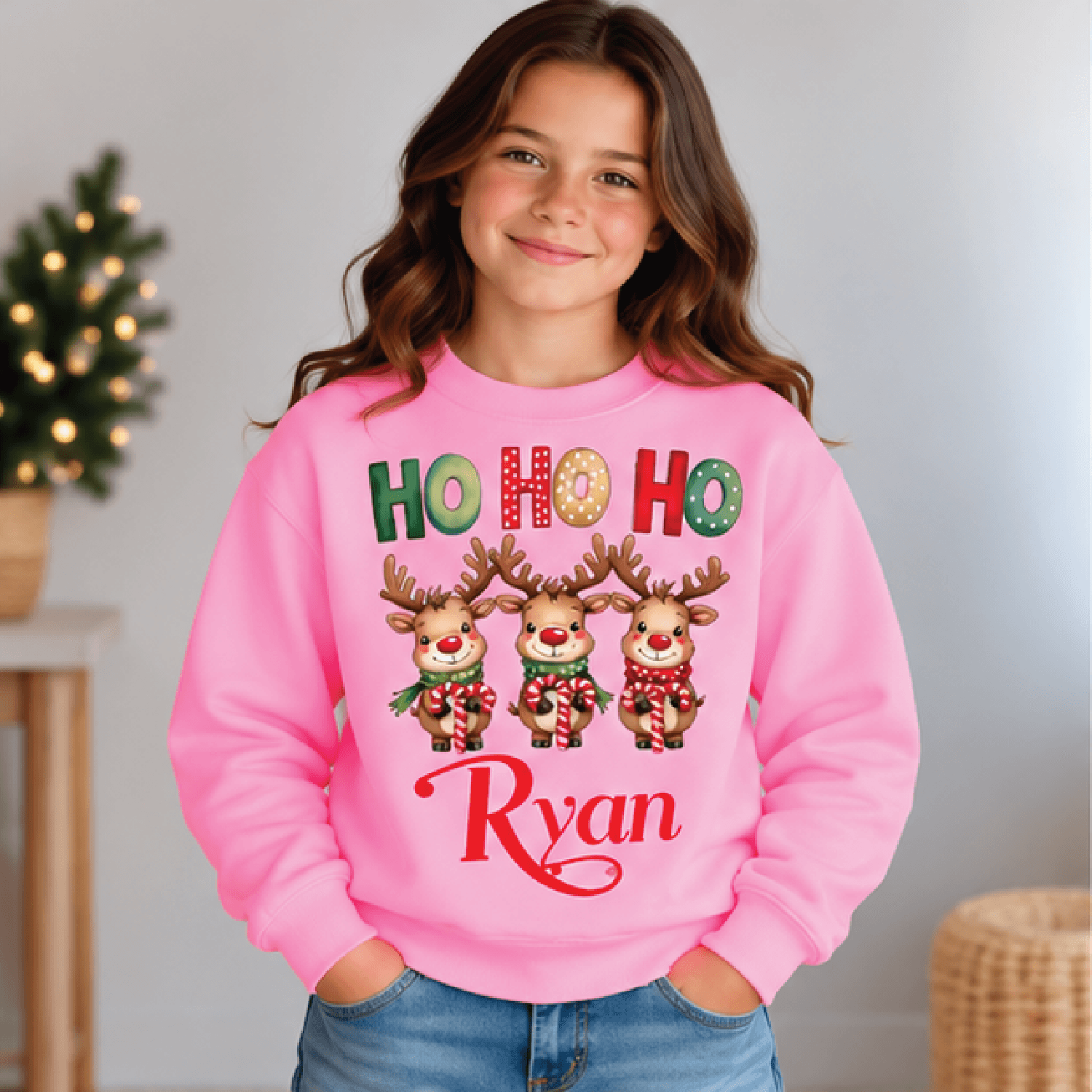 Personalized Ho Ho Ho Reindeer Sweatshirt Kids Youth Unisex Custom Name Christmas Crewneck Cute Hol 2