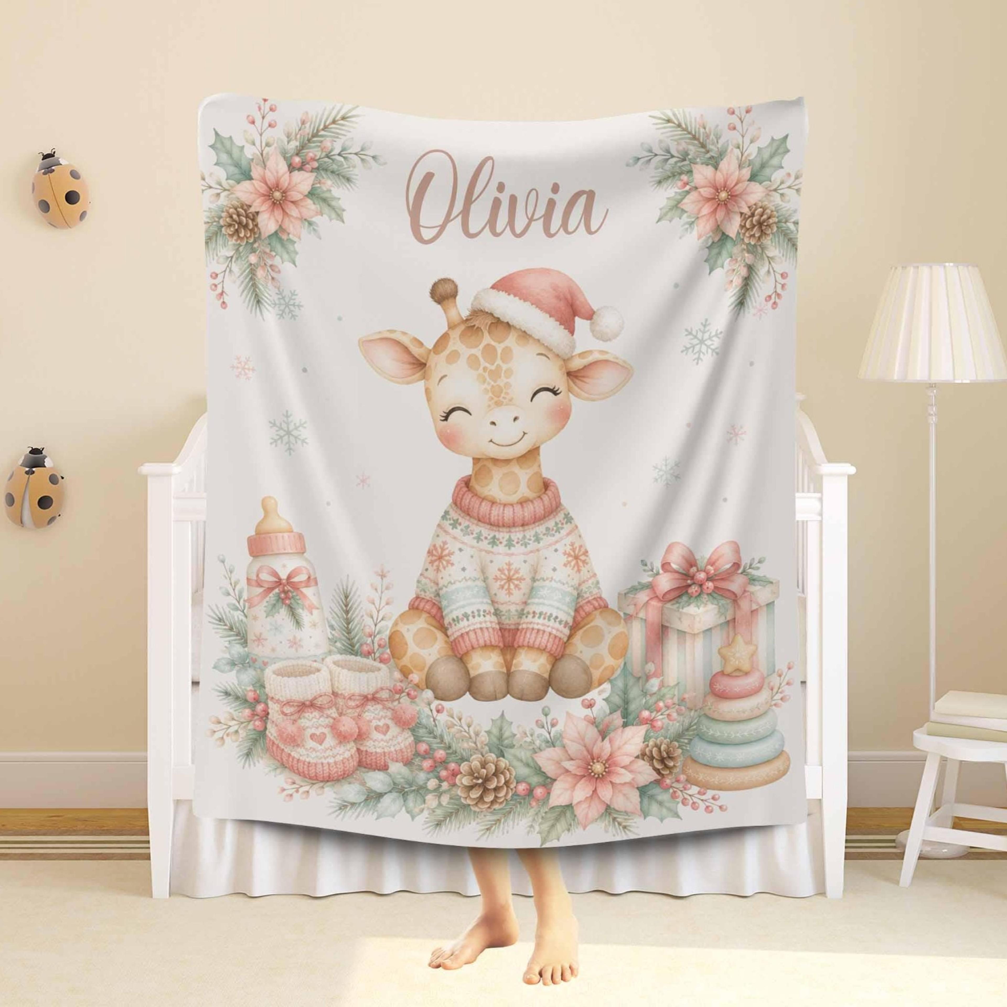 personalized giraffe christmas sherpa baby blanket, custom name holiday blanket, newborn christmas gift, nursery keepsak