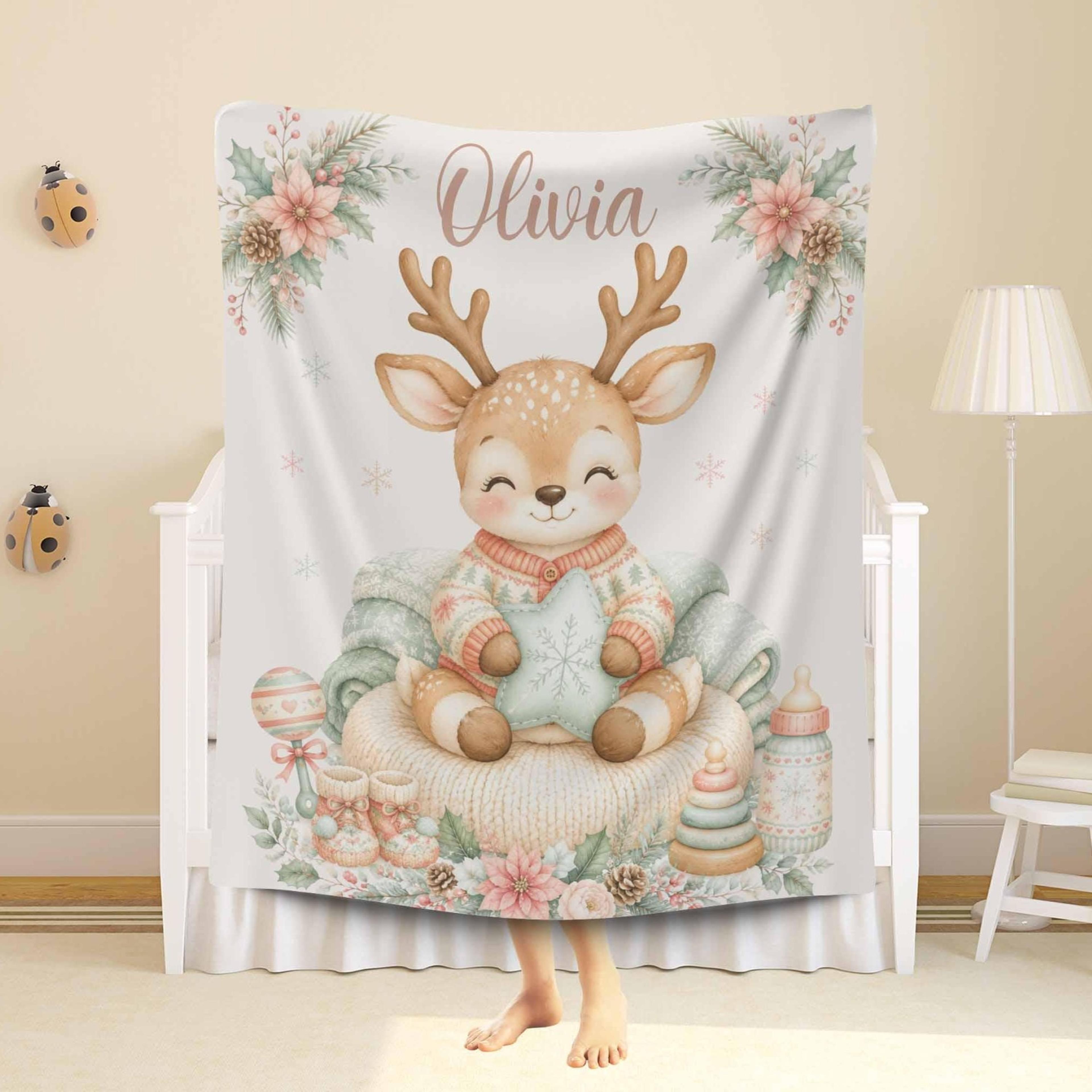 personalized reindeer christmas sherpa baby blanket, custom name holiday blanket, newborn christmas gift, nursery keepsa