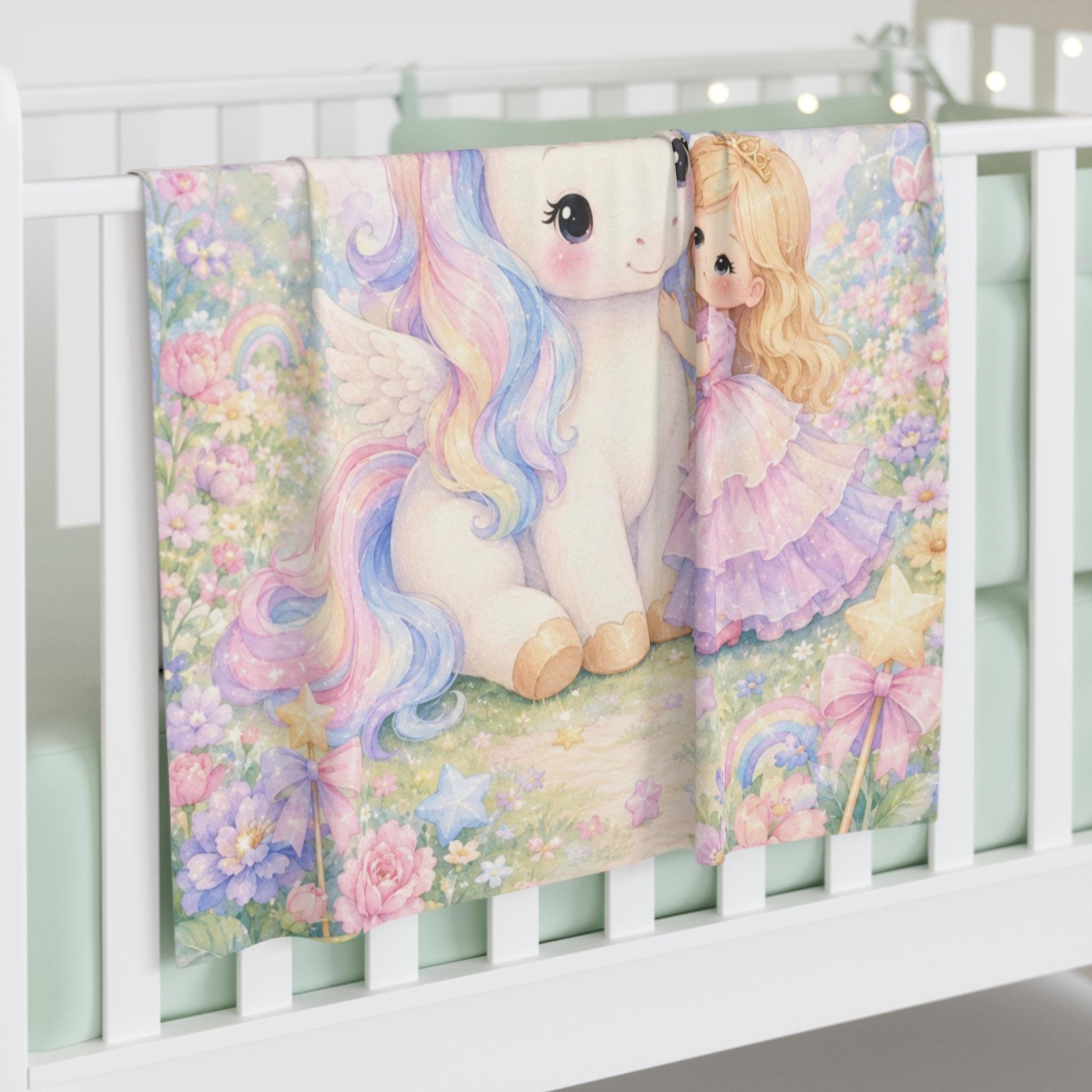personalized unicorn sherpa baby blanket, princess castle blanket, custom name baby girl gift, rainbow nursery keepsake