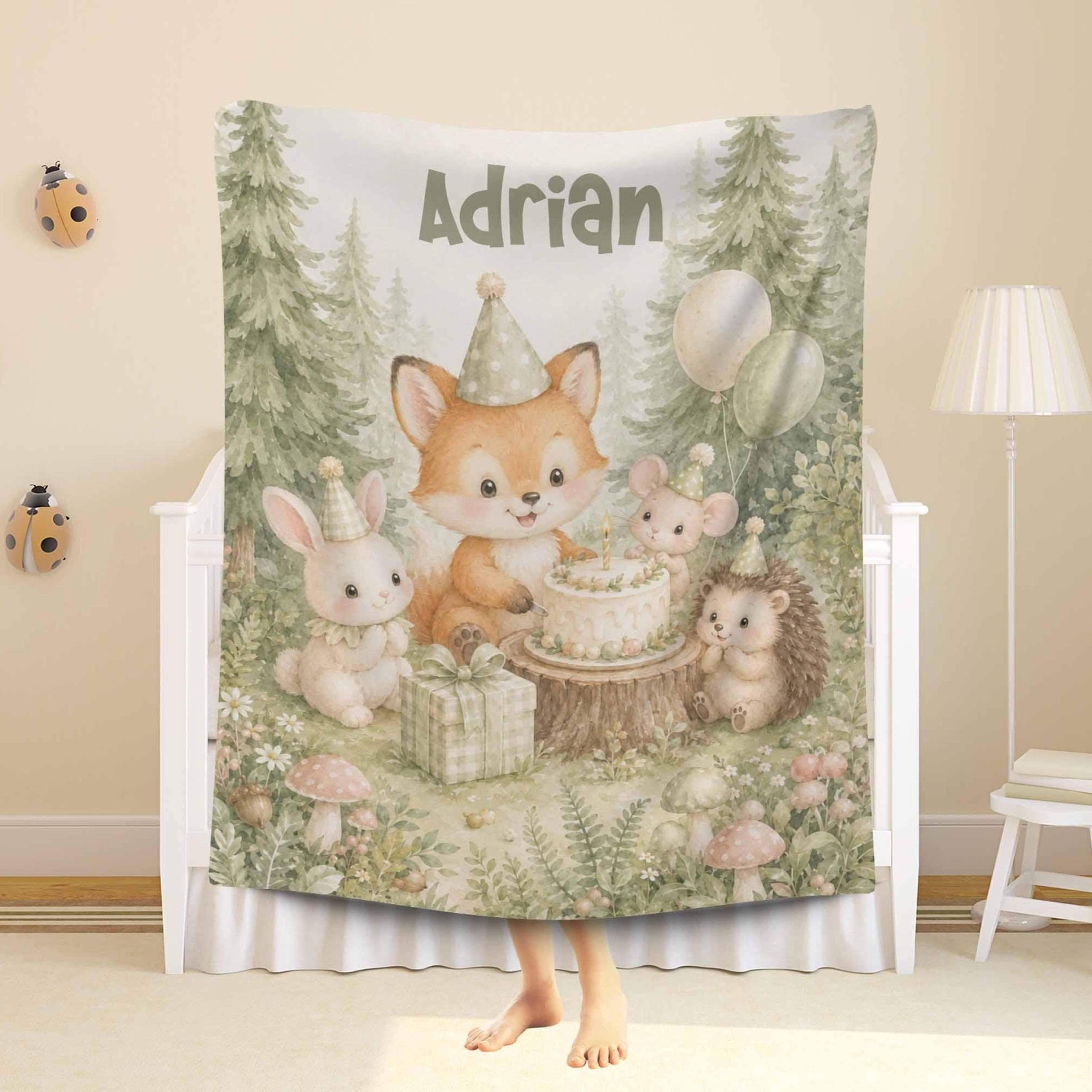 personalized woodland birthday sherpa blanket, fox baby blanket, custom name first birthday gift, forest animal keepsake