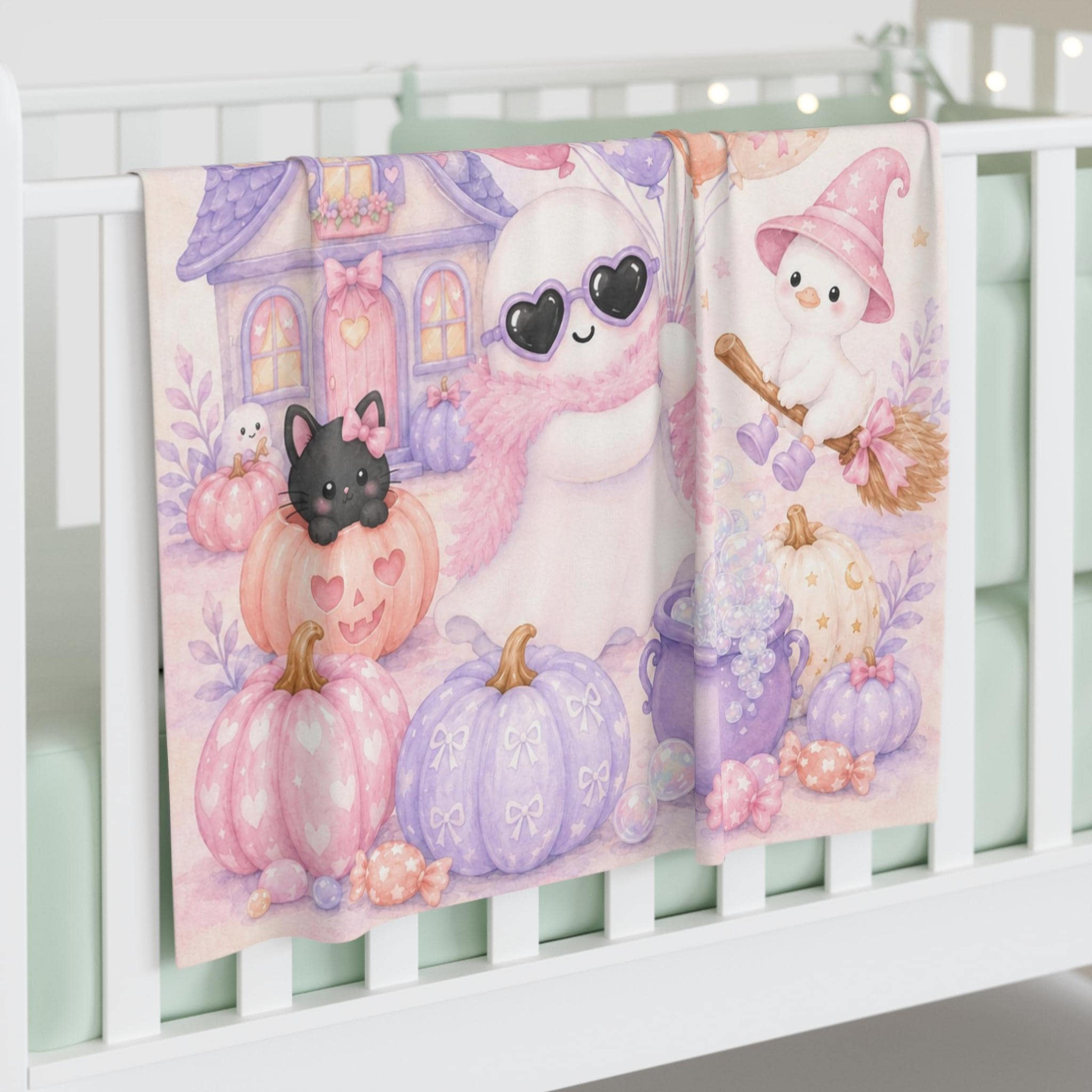 personalized halloween baby sherpa blanket, pink ghost minky blanket, custom name first birthday gift, spooky nursery