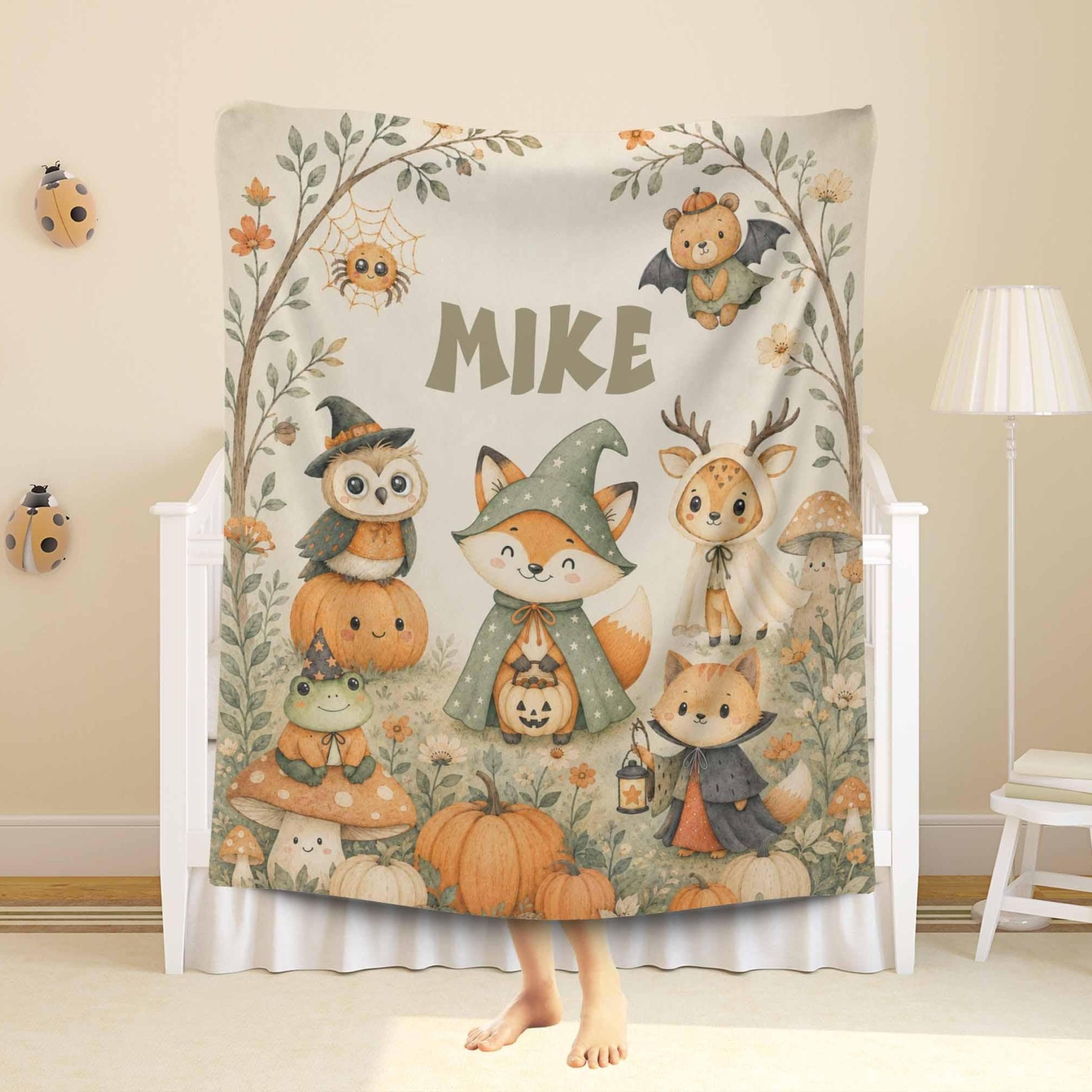 personalized halloween baby sherpa blanket, woodland animal blanket, custom name first halloween gift