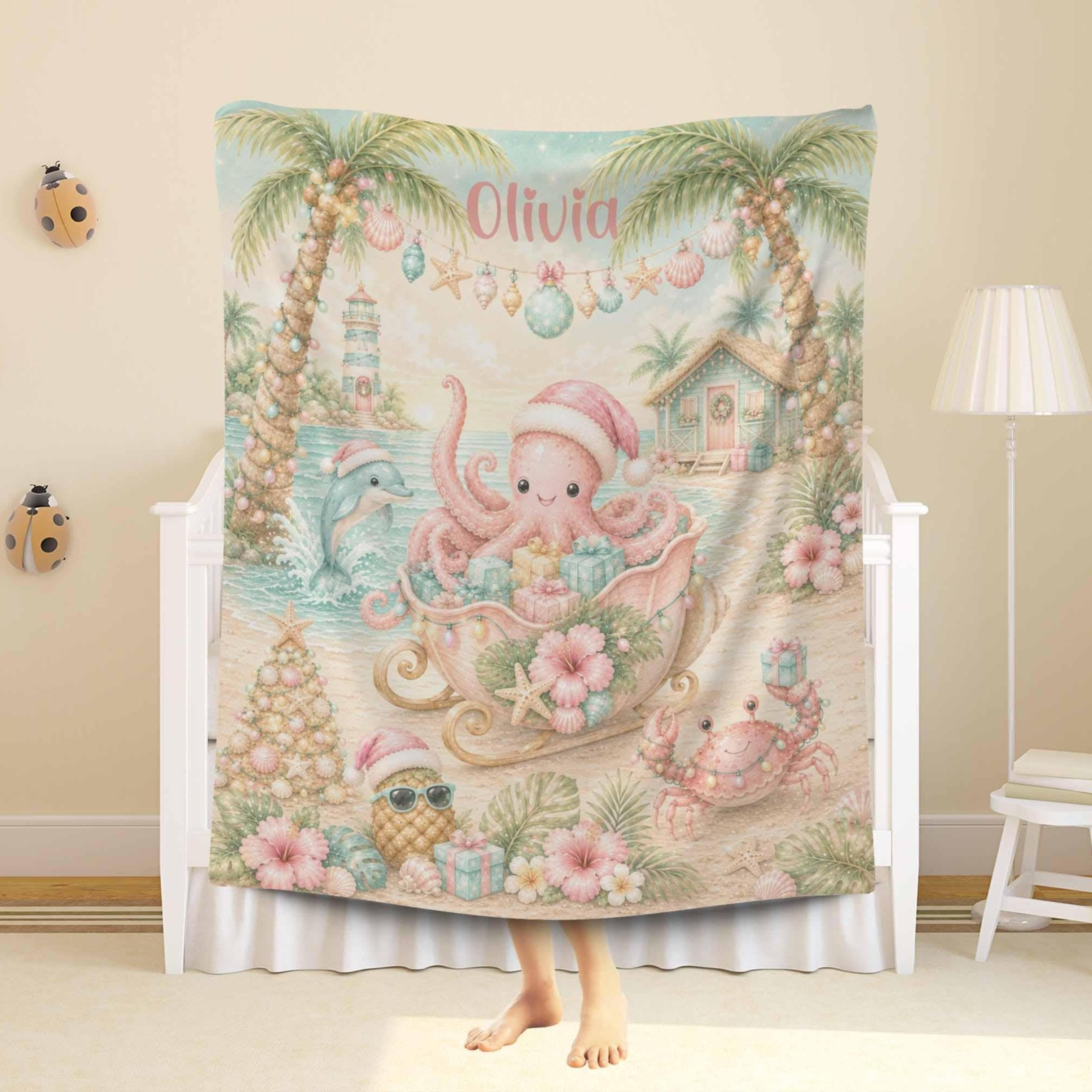 personalized summer christmas sherpa blanket, octopus baby blanket, custom name tropical holiday gift, beach nursery dec