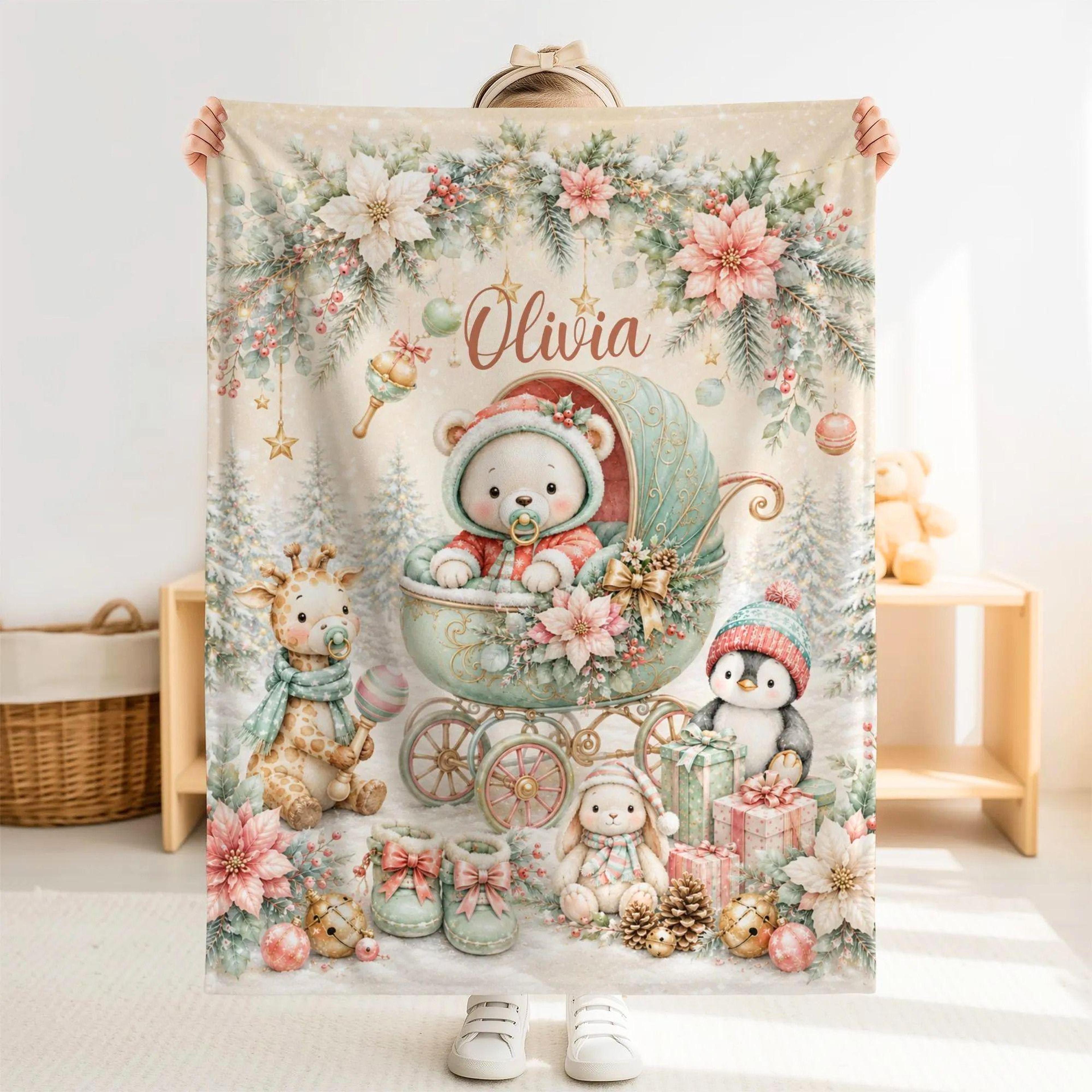 personalized christmas polar bear baby blanket, custom name minky blanket, arctic animal nursery gift, winter holiday