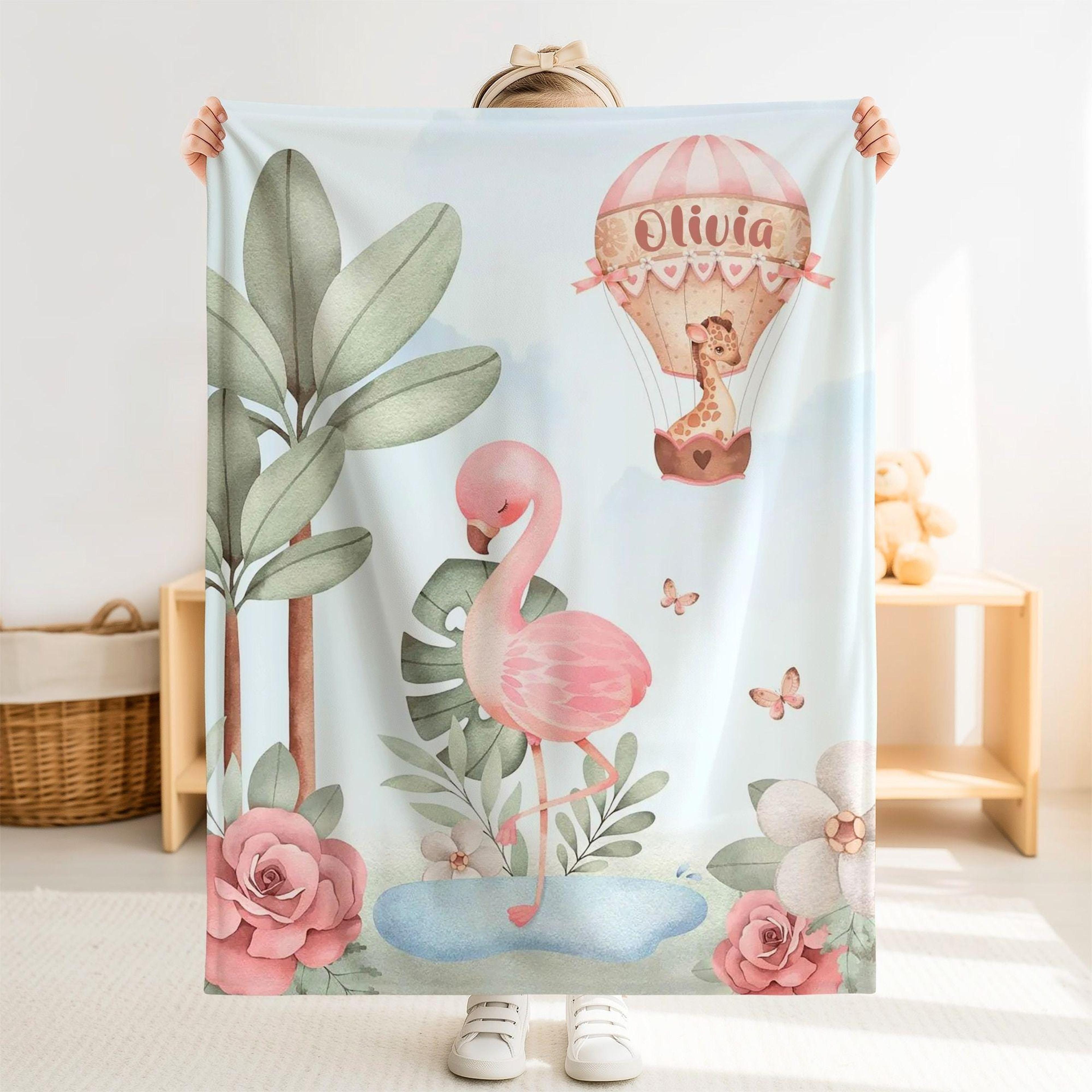 personalized flamingo sherpa baby blanket, custom name tropical nursery gift, pink flamingo baby girl blanket, safari