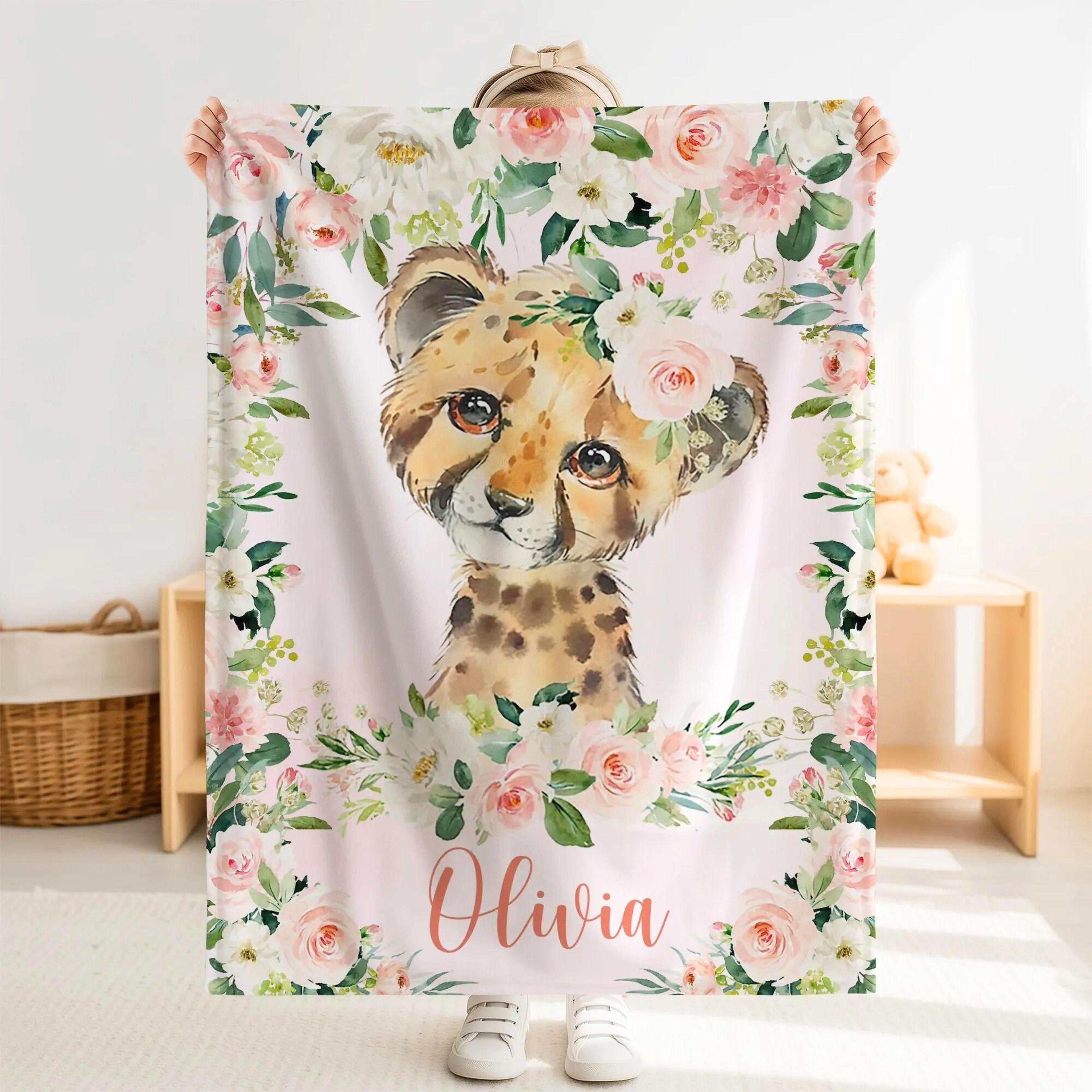 personalized leopard sherpa baby blanket, custom name pink floral nursery gift, leopard baby girl blanket, rose flower