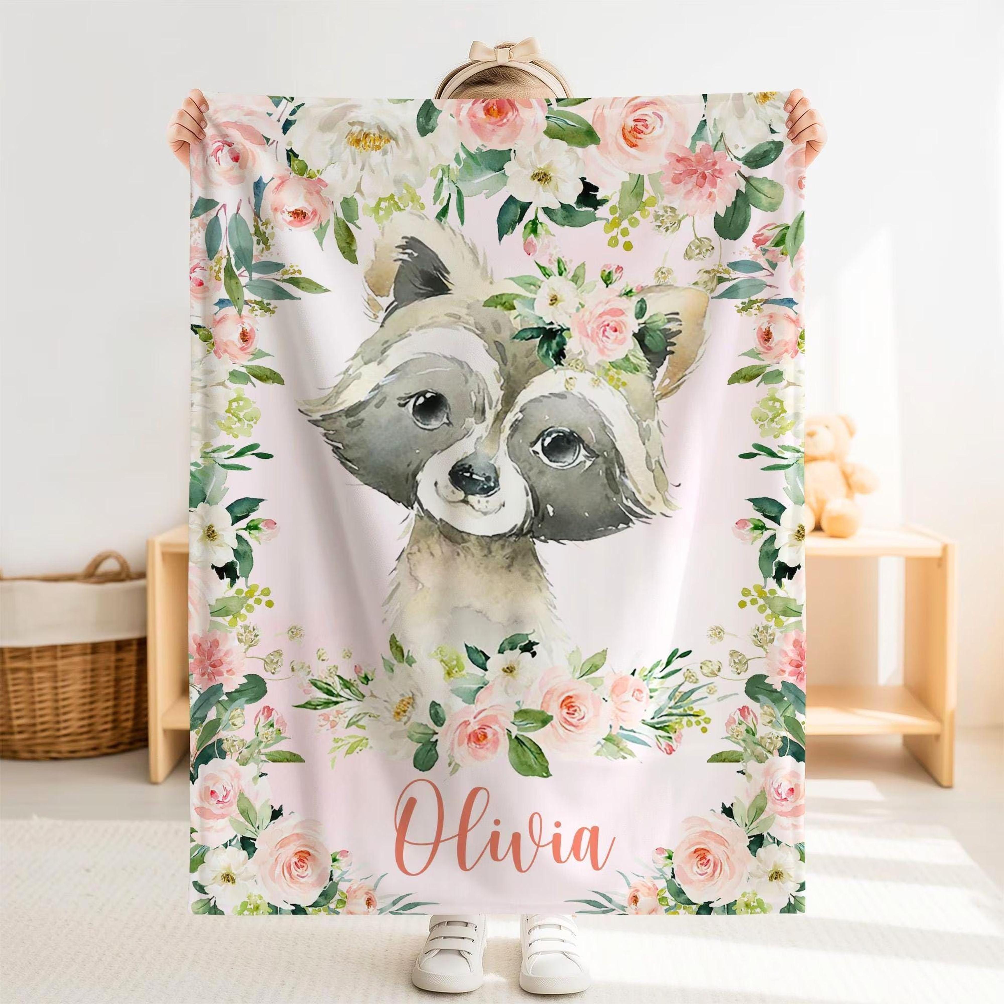 personalized raccoon sherpa baby blanket, custom name pink floral nursery gift, raccoon baby girl blanket, rose flower