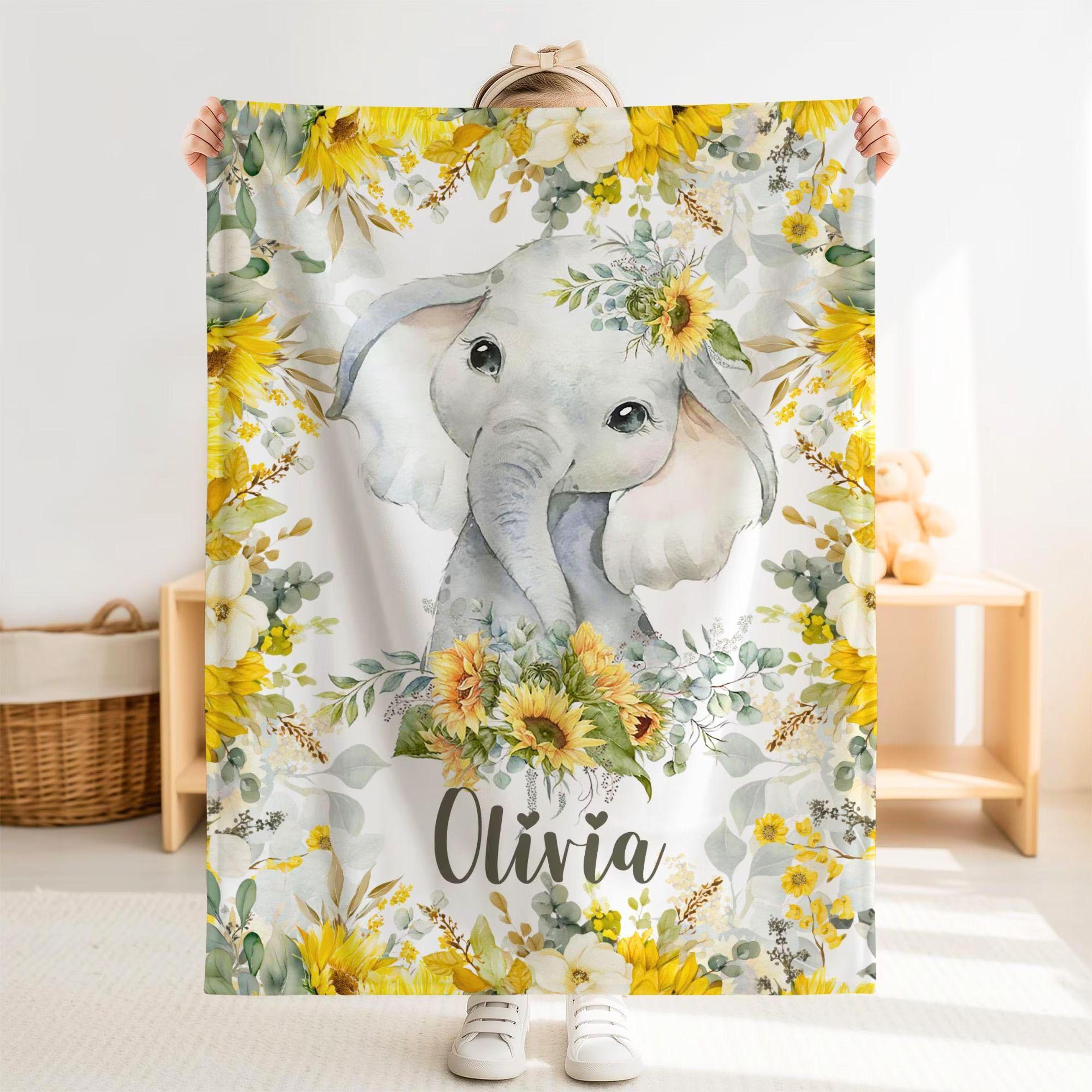 personalized elephant sherpa baby blanket, custom name baby nursery gift, cute elephant baby girl blanket