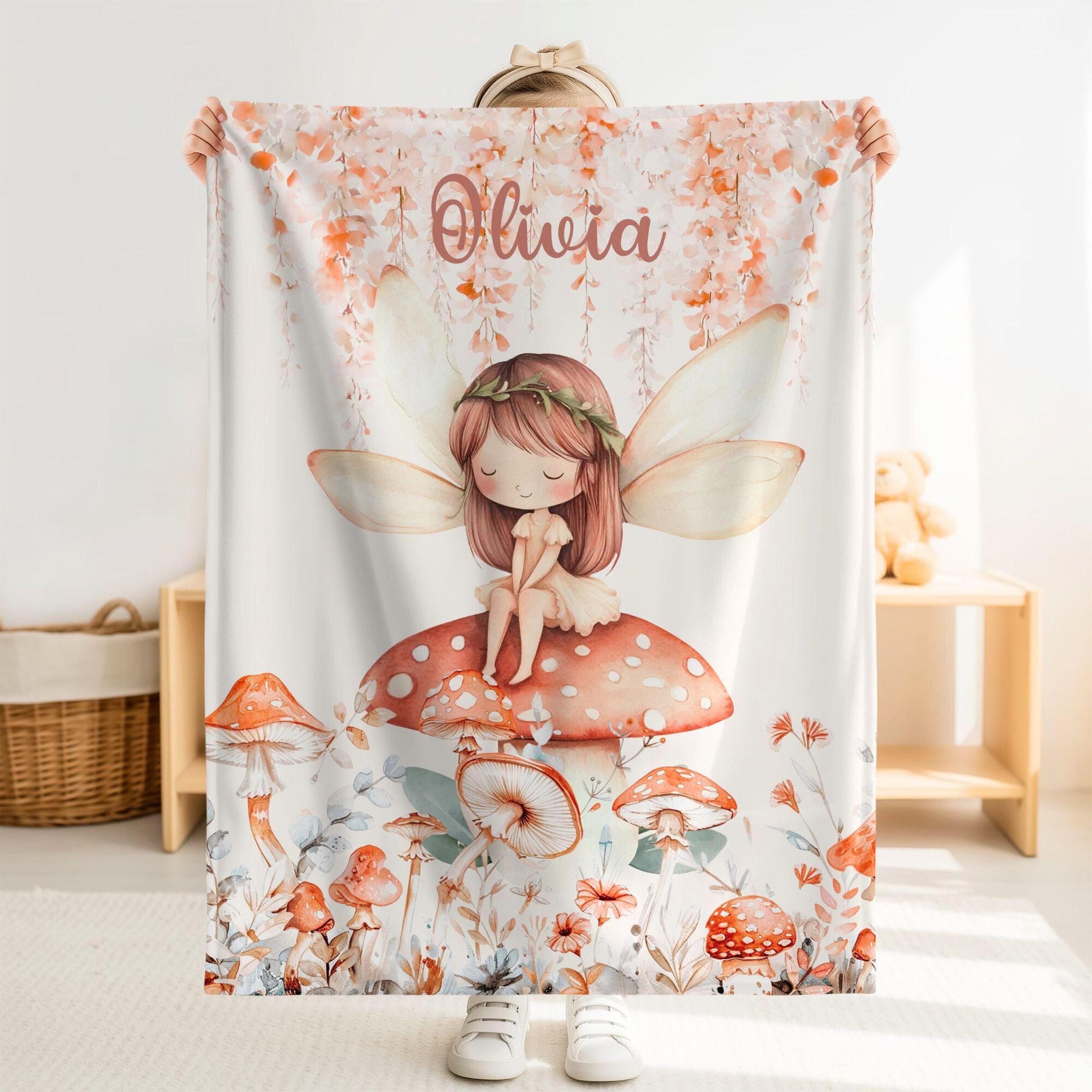 personalized fairy mushroom sherpa baby blanket, custom name woodland nursery gift, magical fairy baby girl blanket,