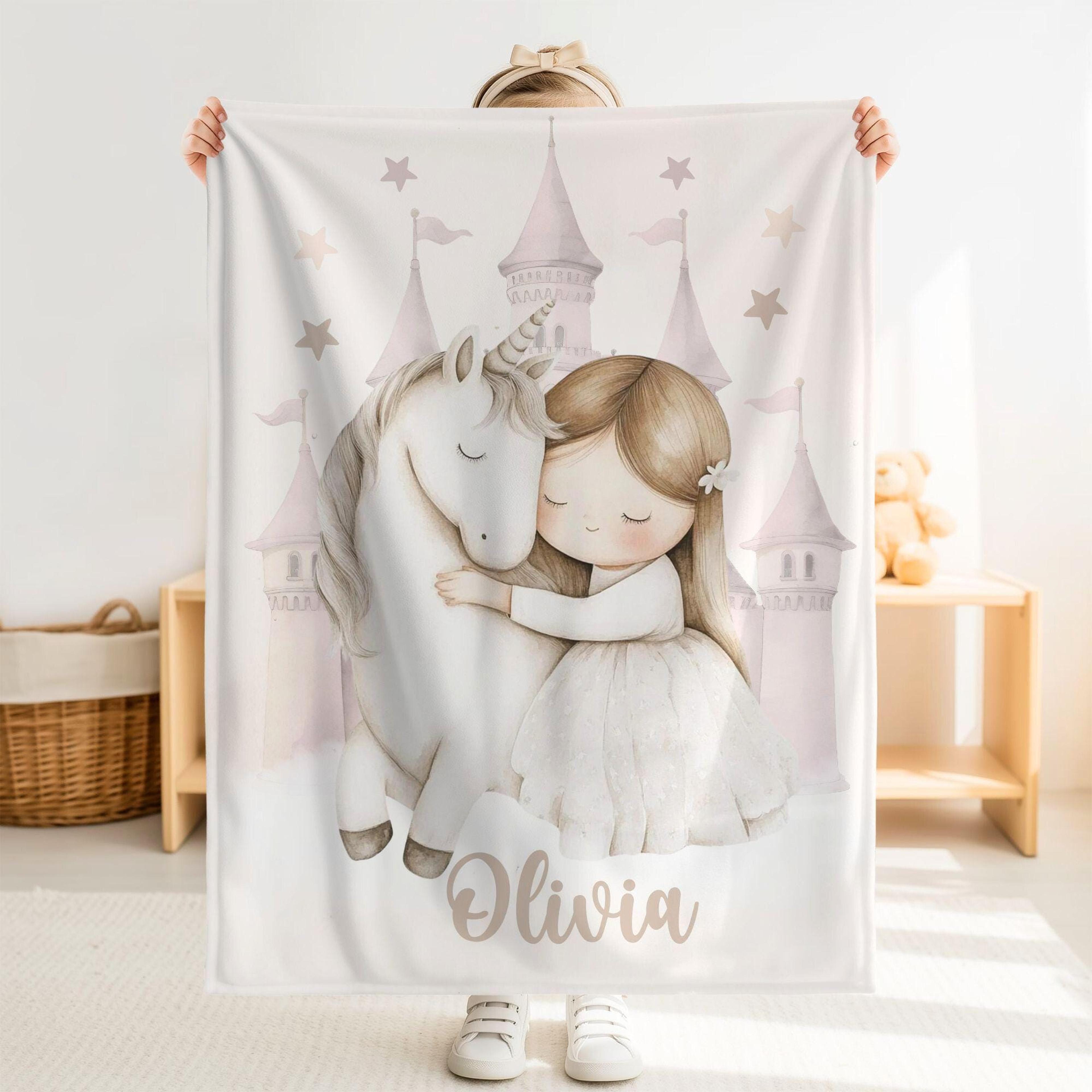 personalized unicorn girl sherpa baby blanket, custom name magical nursery gift, cute unicorn baby girl blanket