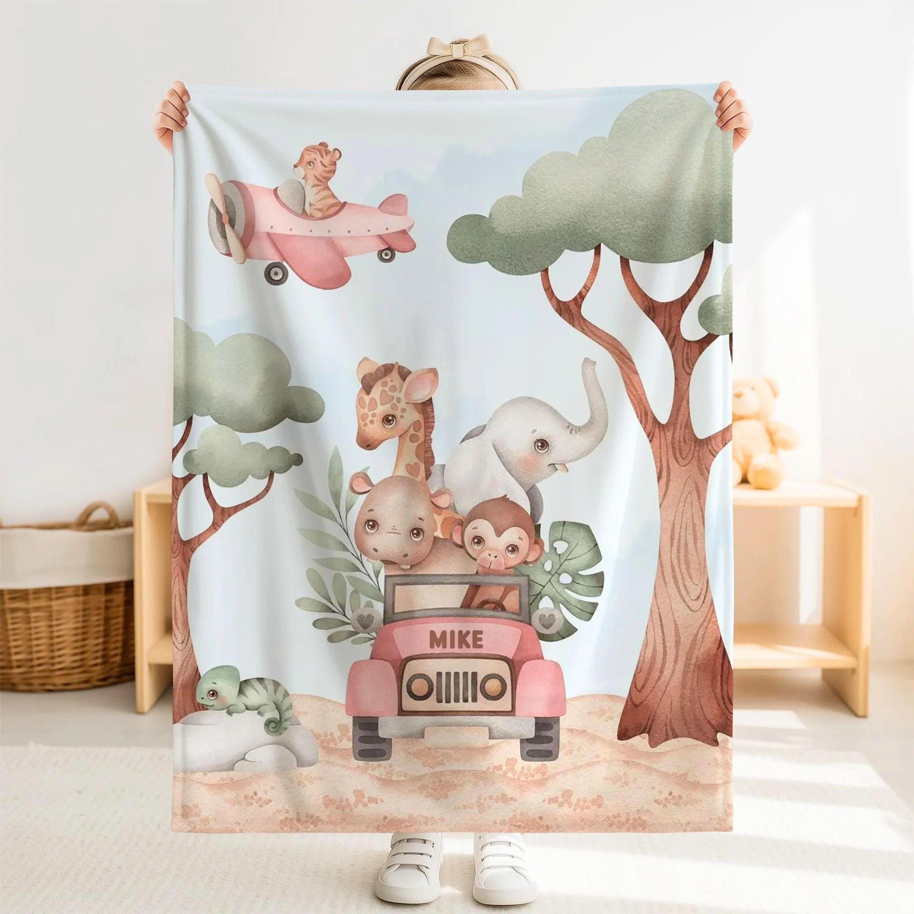 personalized safari animals sherpa baby blanket, custom name jungle car nursery gift, safari animal baby boy blanket