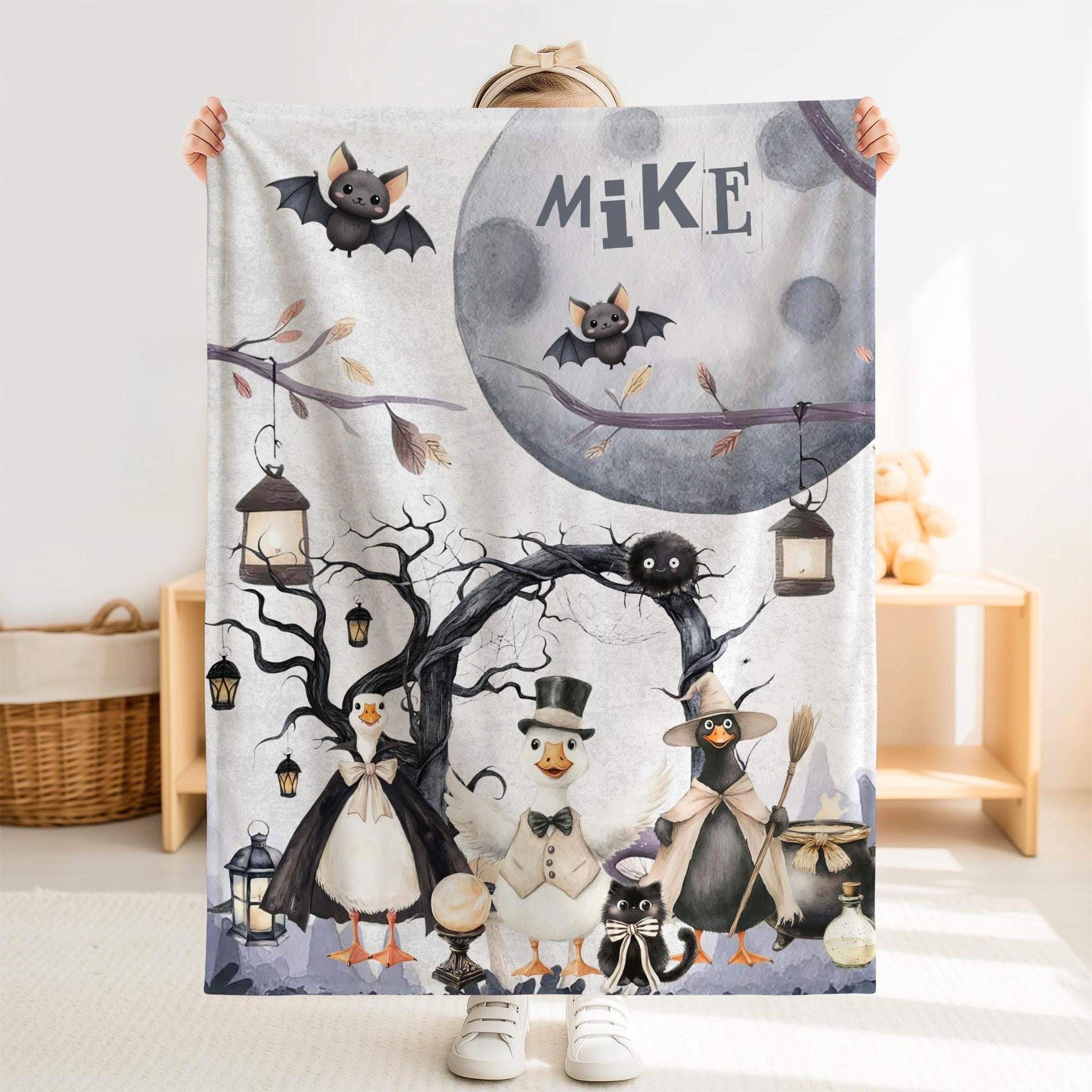 personalized halloween sherpa baby blanket, custom name silly goose blanket, cute halloween kids nursery gift
