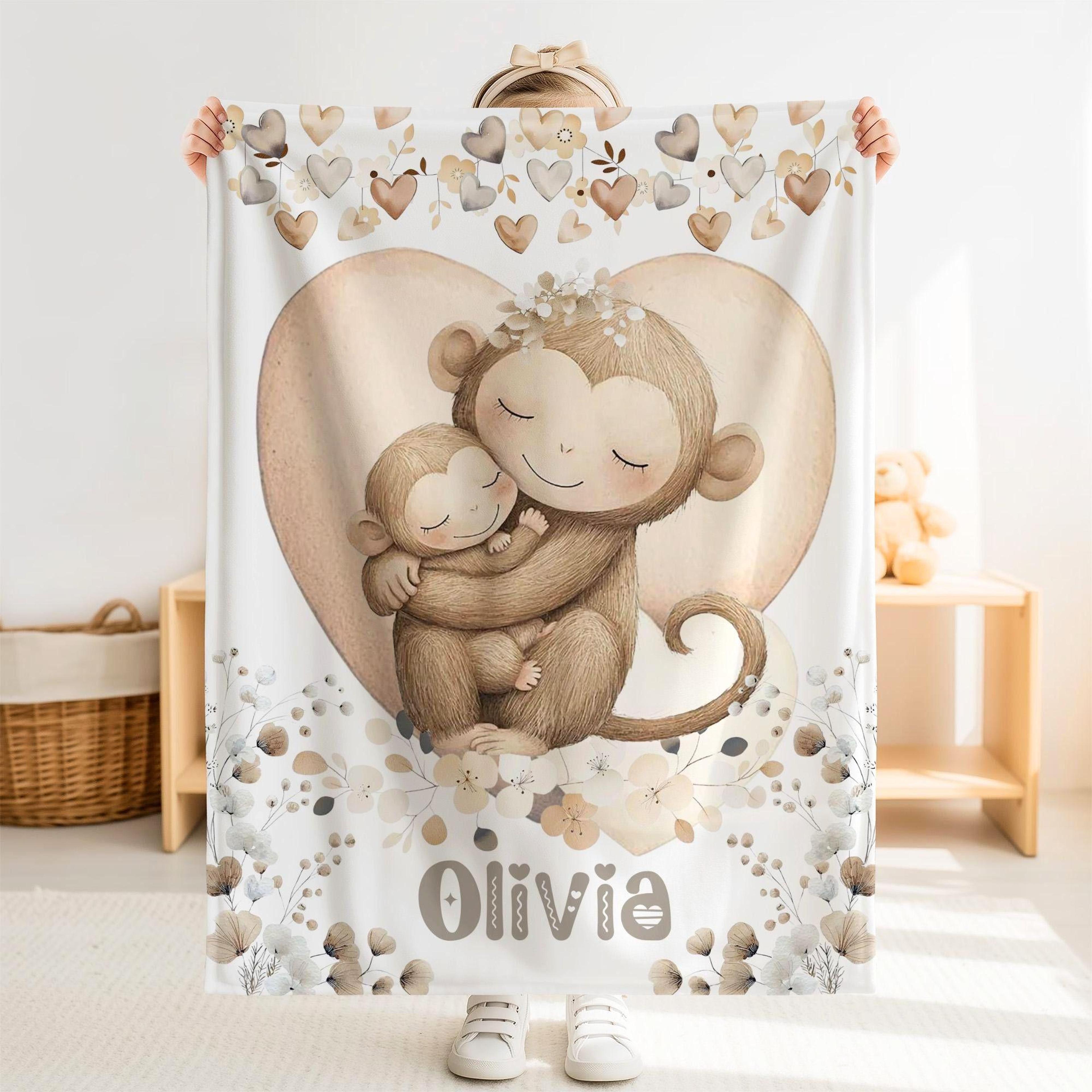 personalized monkey sherpa baby blanket, custom name safari animal nursery gift, cute monkey jungle baby blanket