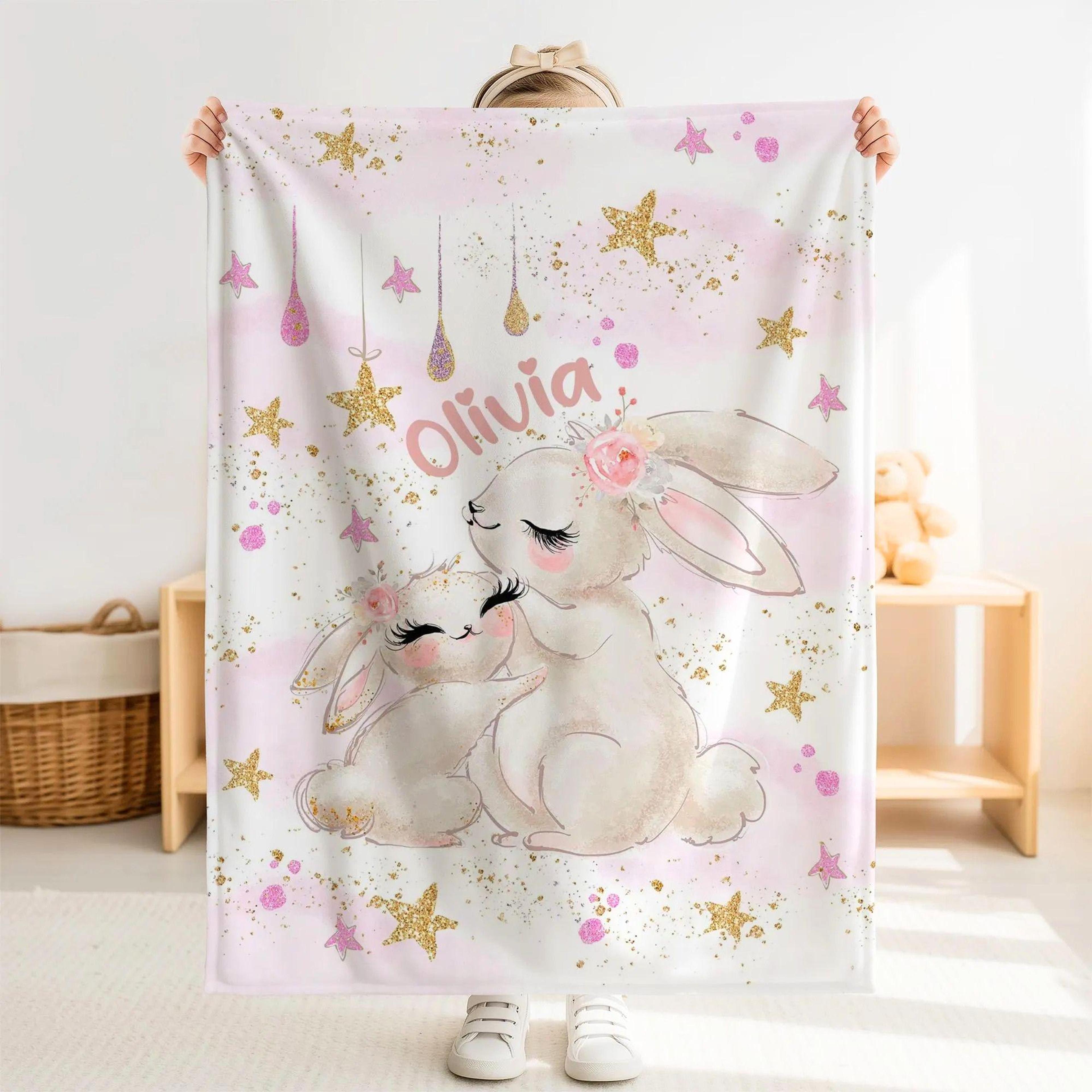 personalized bunny sherpa baby blanket, custom name rabbit nursery gift, cute bunny baby girl blanket, adorable newborn