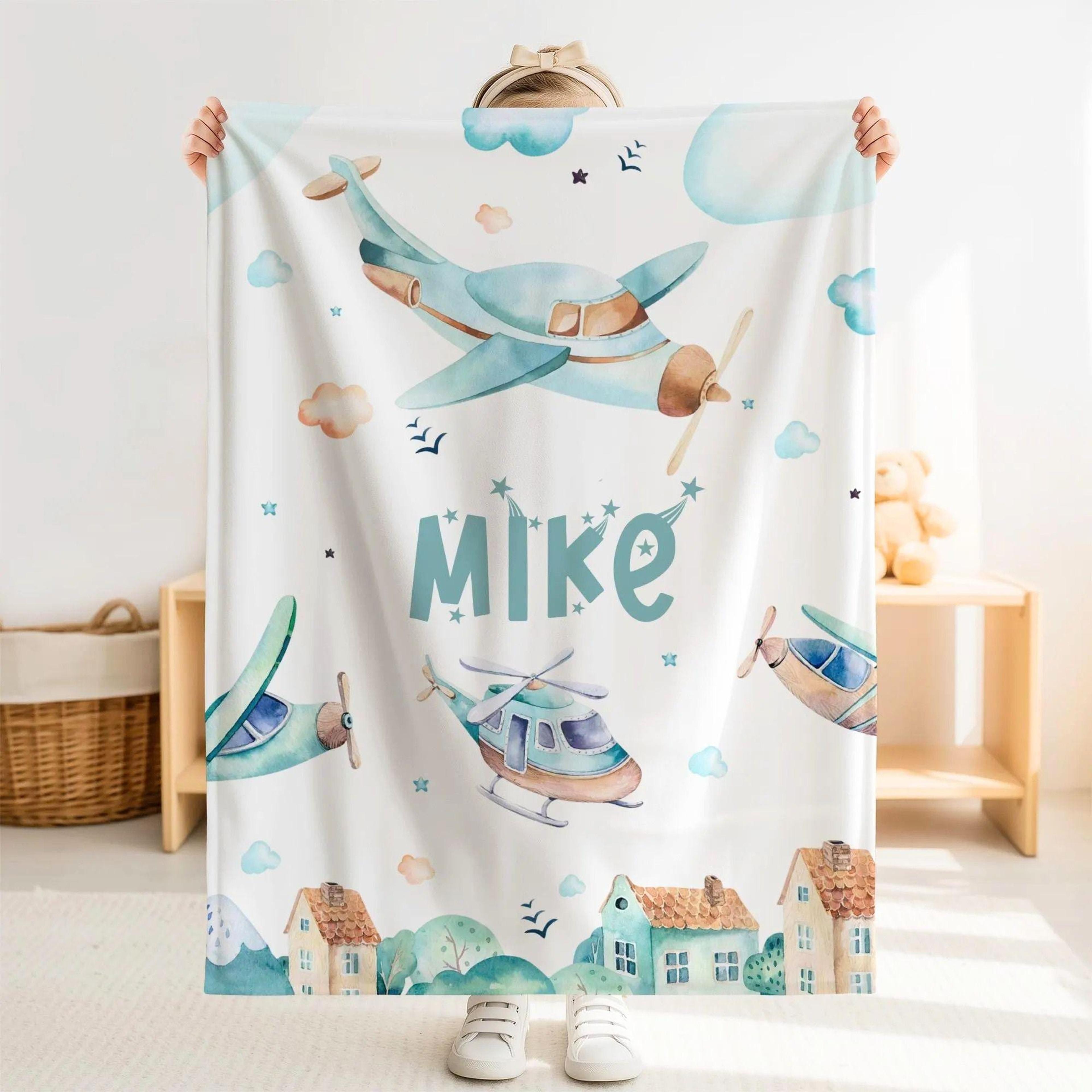 personalized airplane sherpa baby blanket, custom name aviation nursery gift, cute airplane baby boy blanket