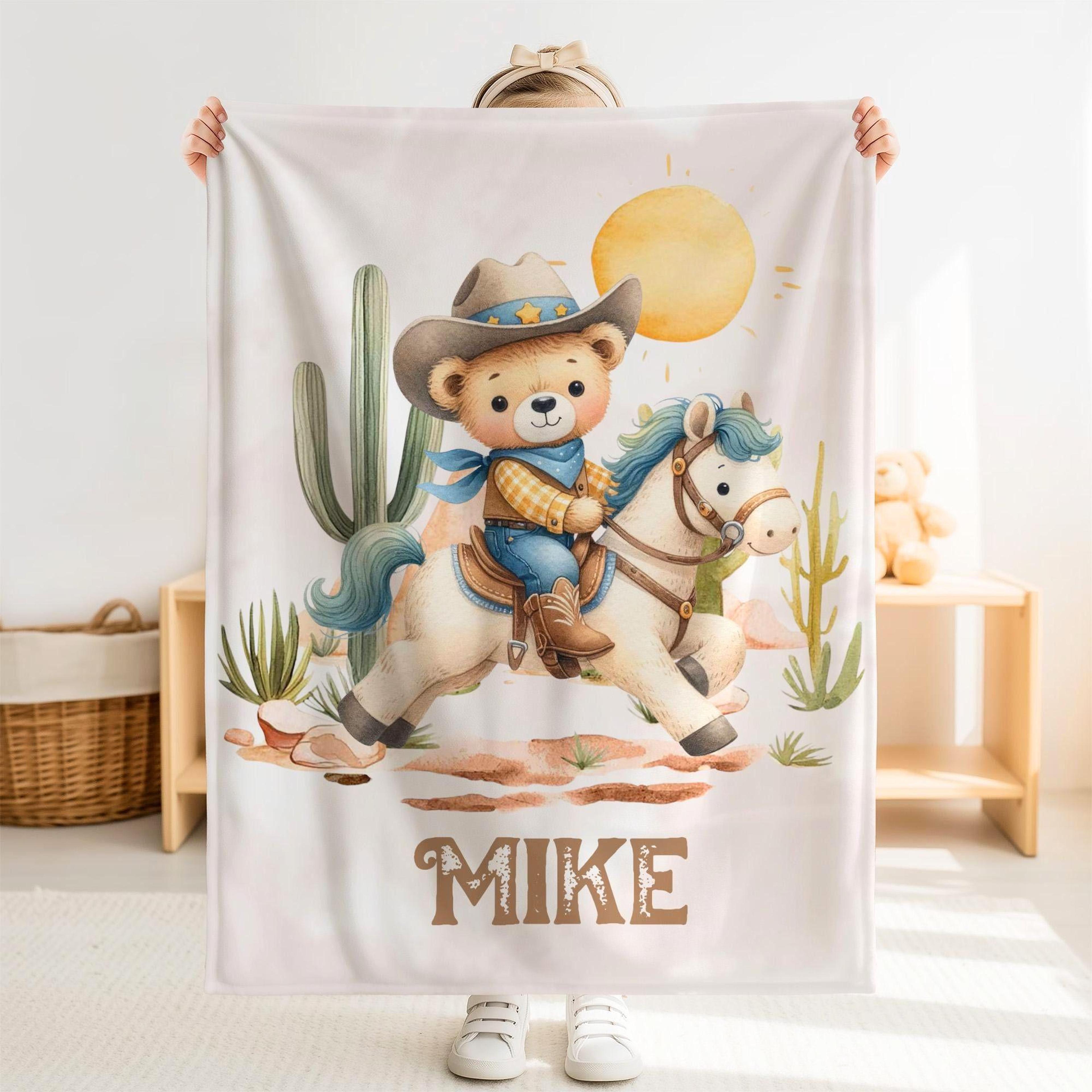 personalized cowboy horse sherpa baby blanket, custom name western nursery blanket, cute horse baby boy gift, farmhouse