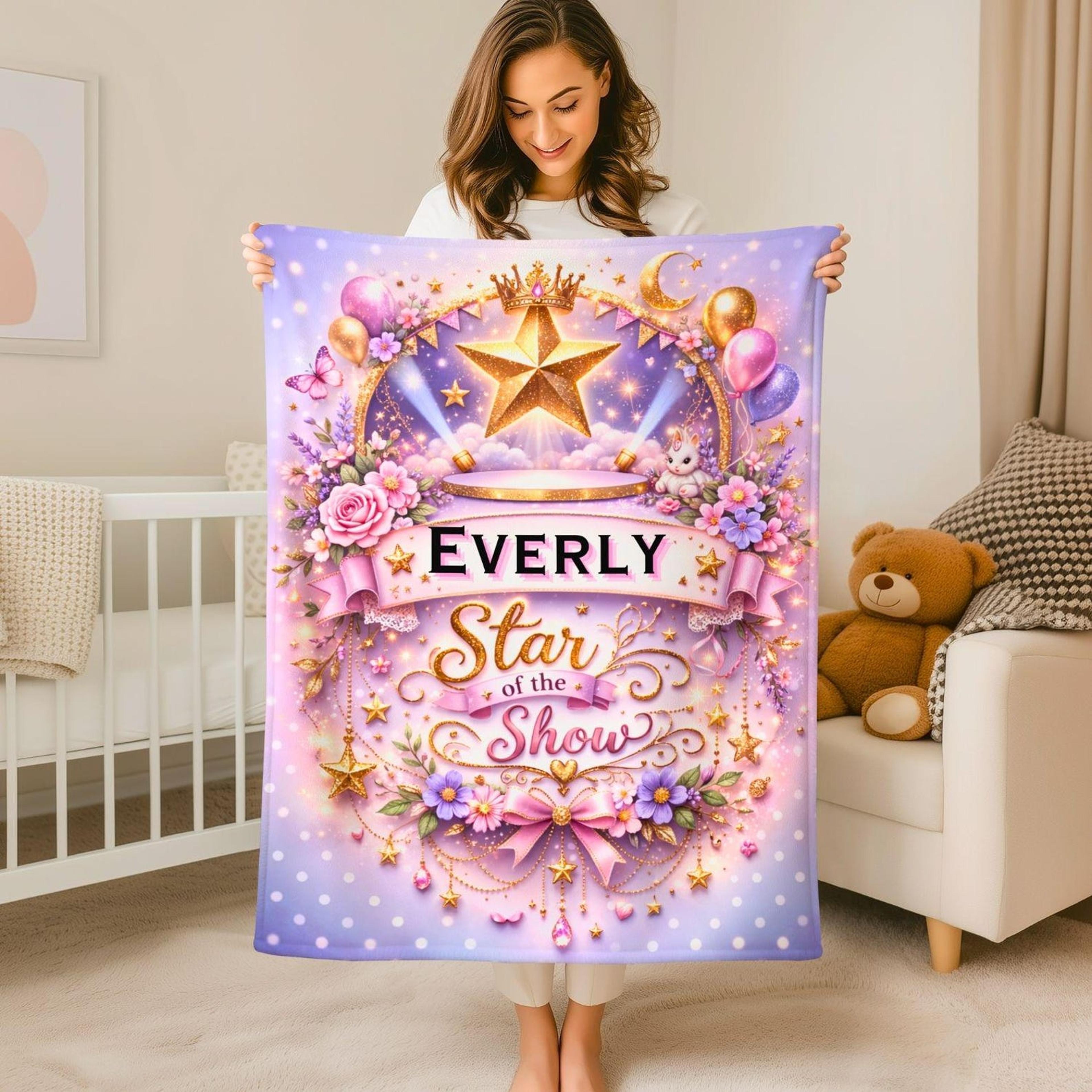 personalized star girl sherpa baby blanket, custom name princess blanket, pink floral nursery decor, cute baby girl gift