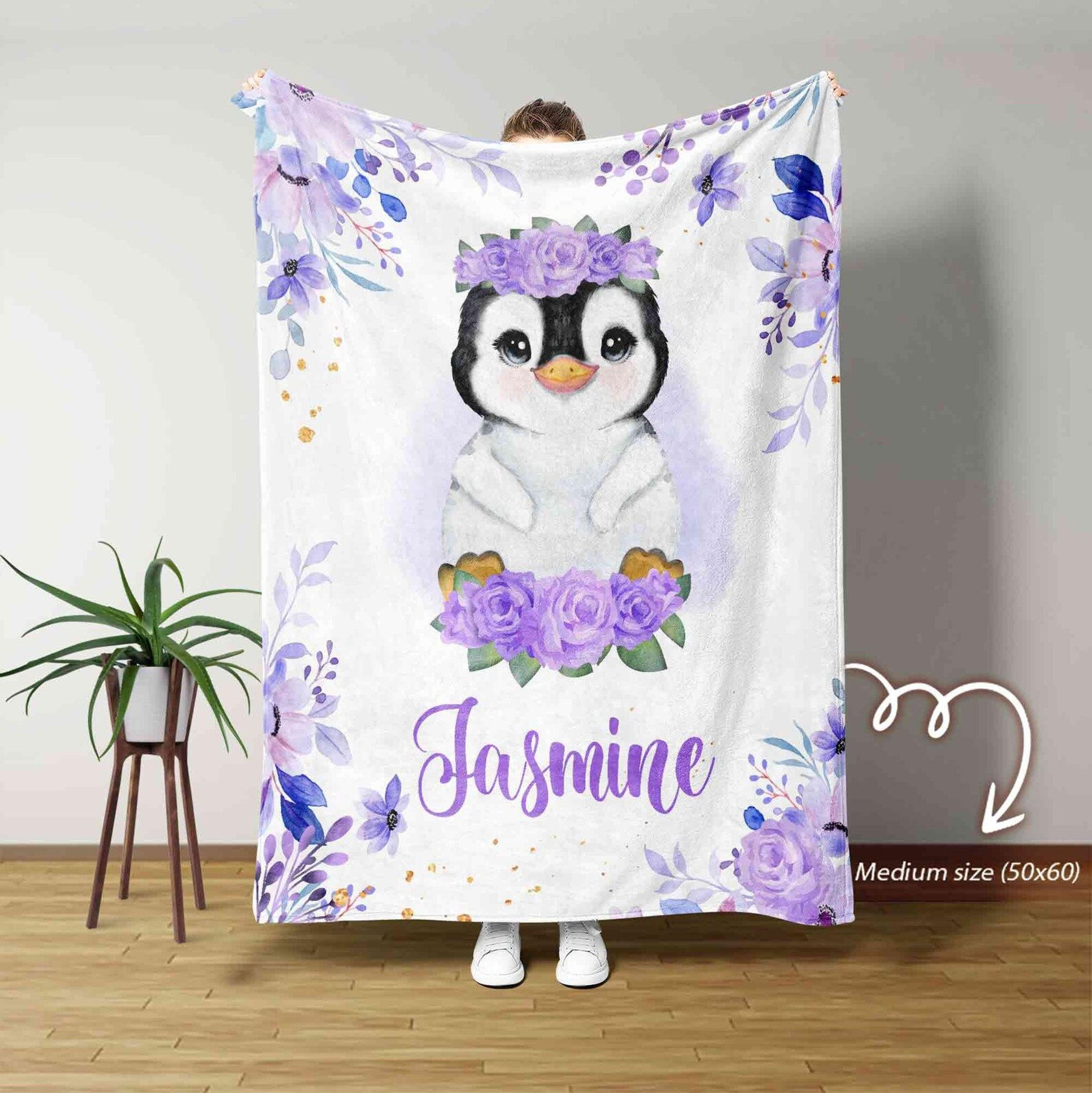 personalized penguin baby blanket, custom name animal sherpa blanket, baby boy gift, penguin nursery blanket