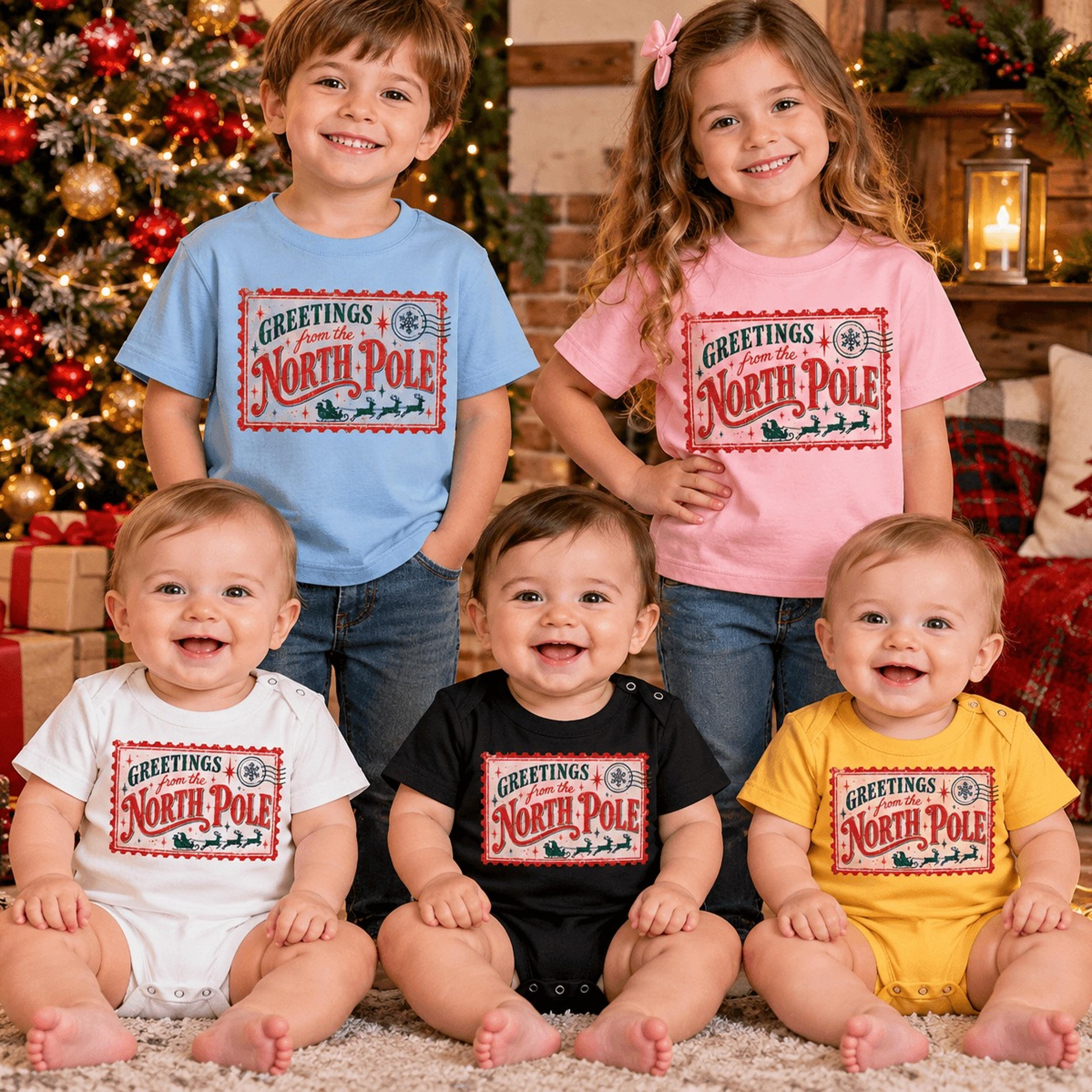 greetings from the north pole christmas family shirts, matching holiday outfits, kids xmas t-shirt, baby bodysuit, santa