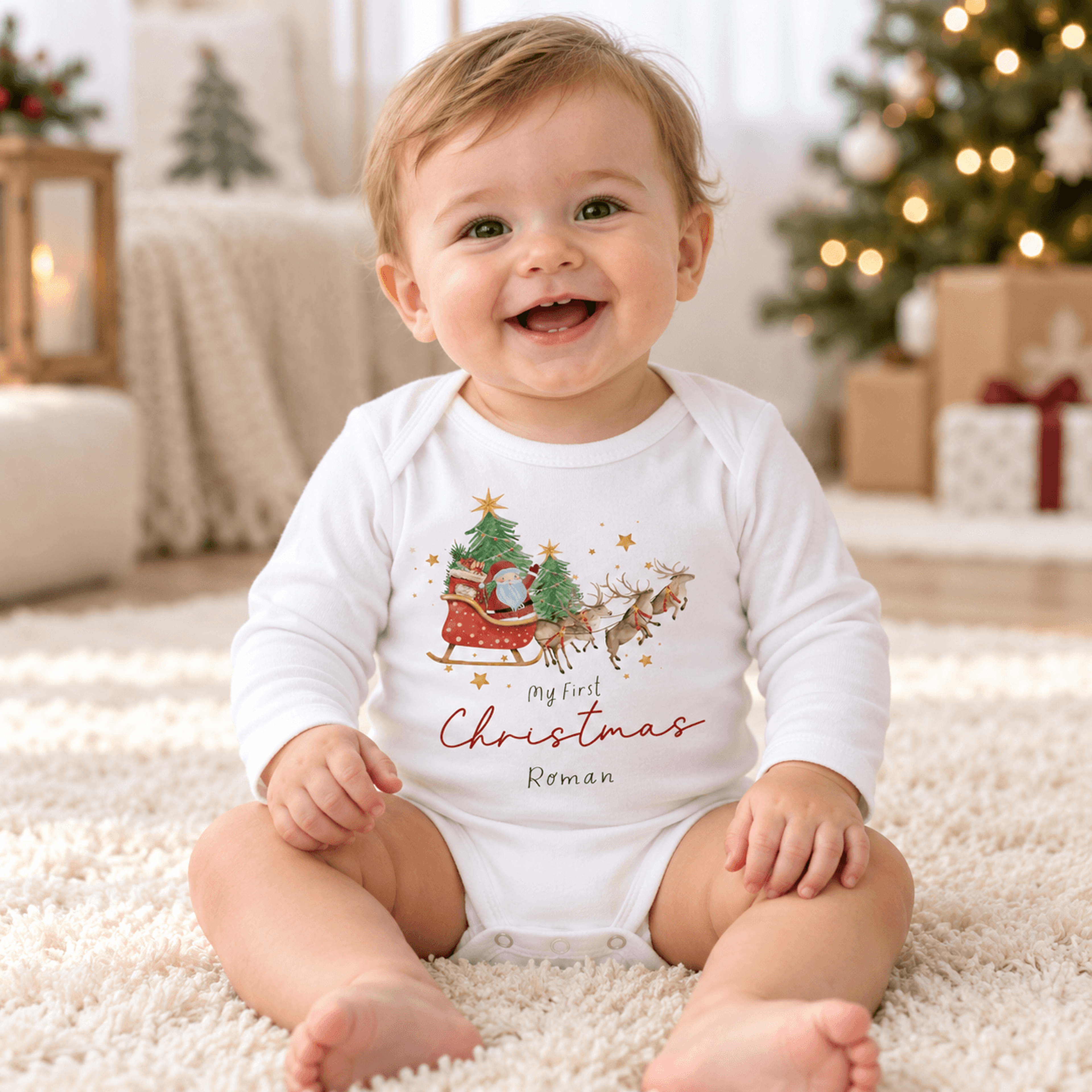 personalized my first christmas baby bodysuit, custom name santa sleigh reindeer outfit, baby's first christmas gift