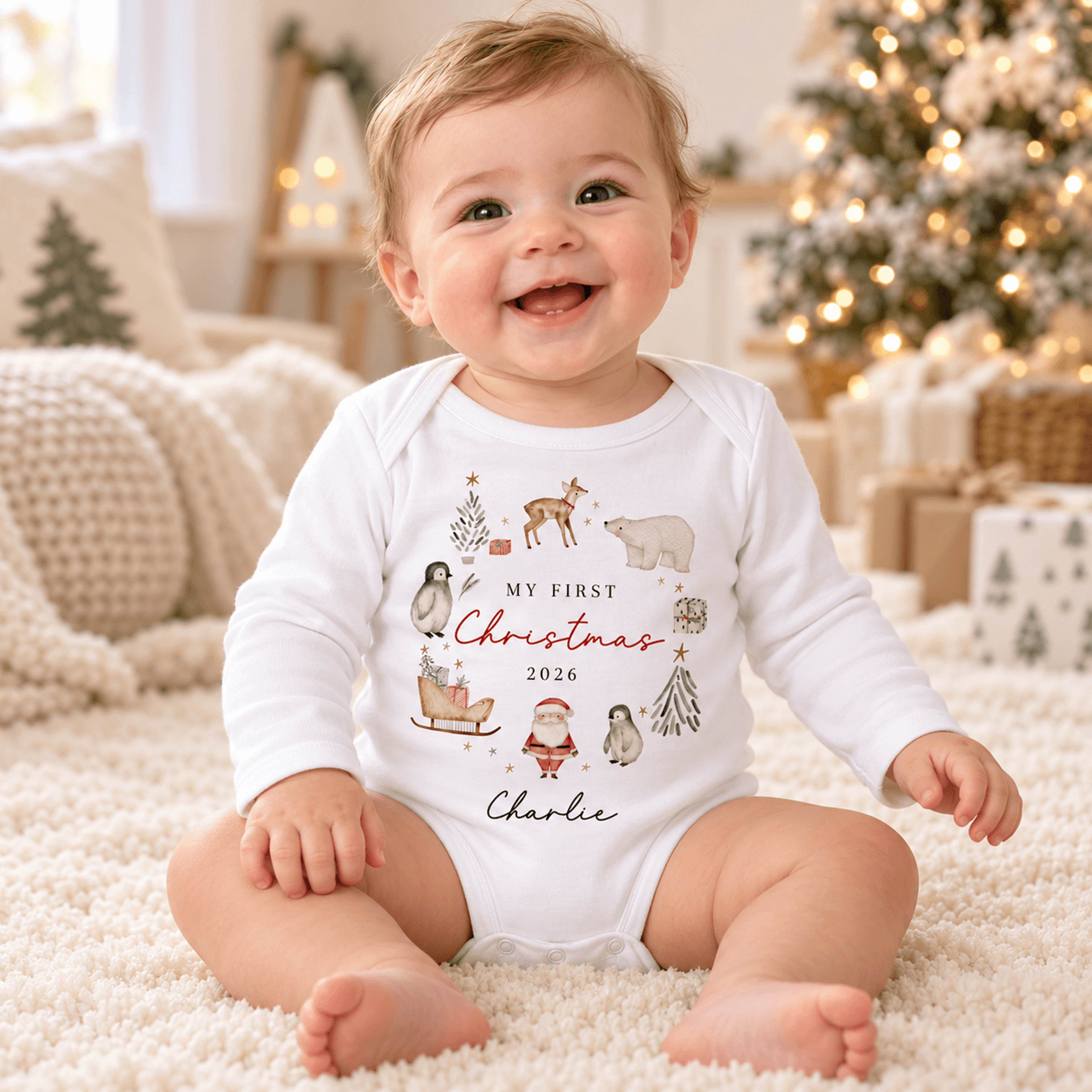 personalized my first christmas baby bodysuit, custom name and year christmas outfit, cute woodland animals baby holiday
