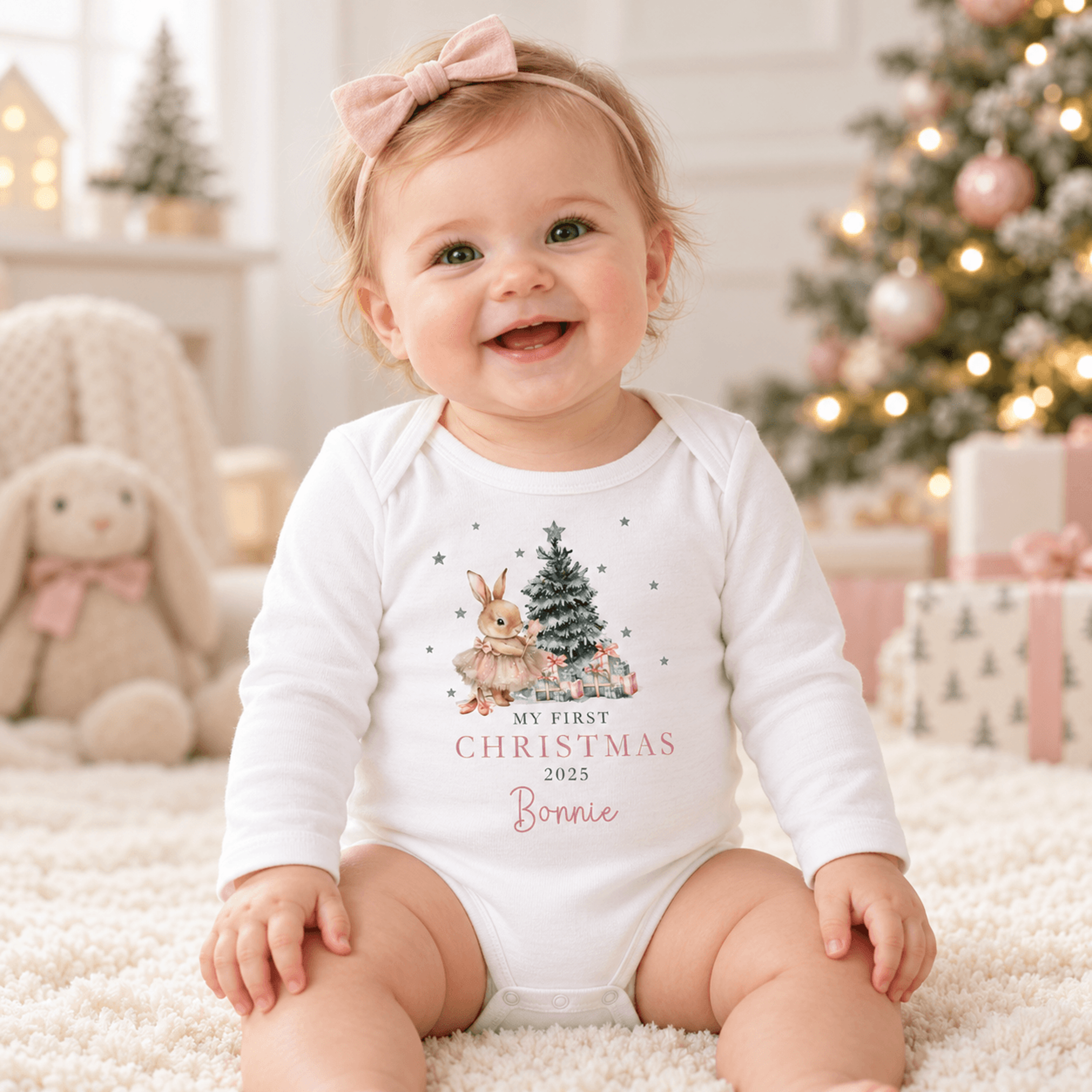 personalized my first christmas baby bodysuit, custom name and year bunny christmas outfit, cute baby's first xmas gift