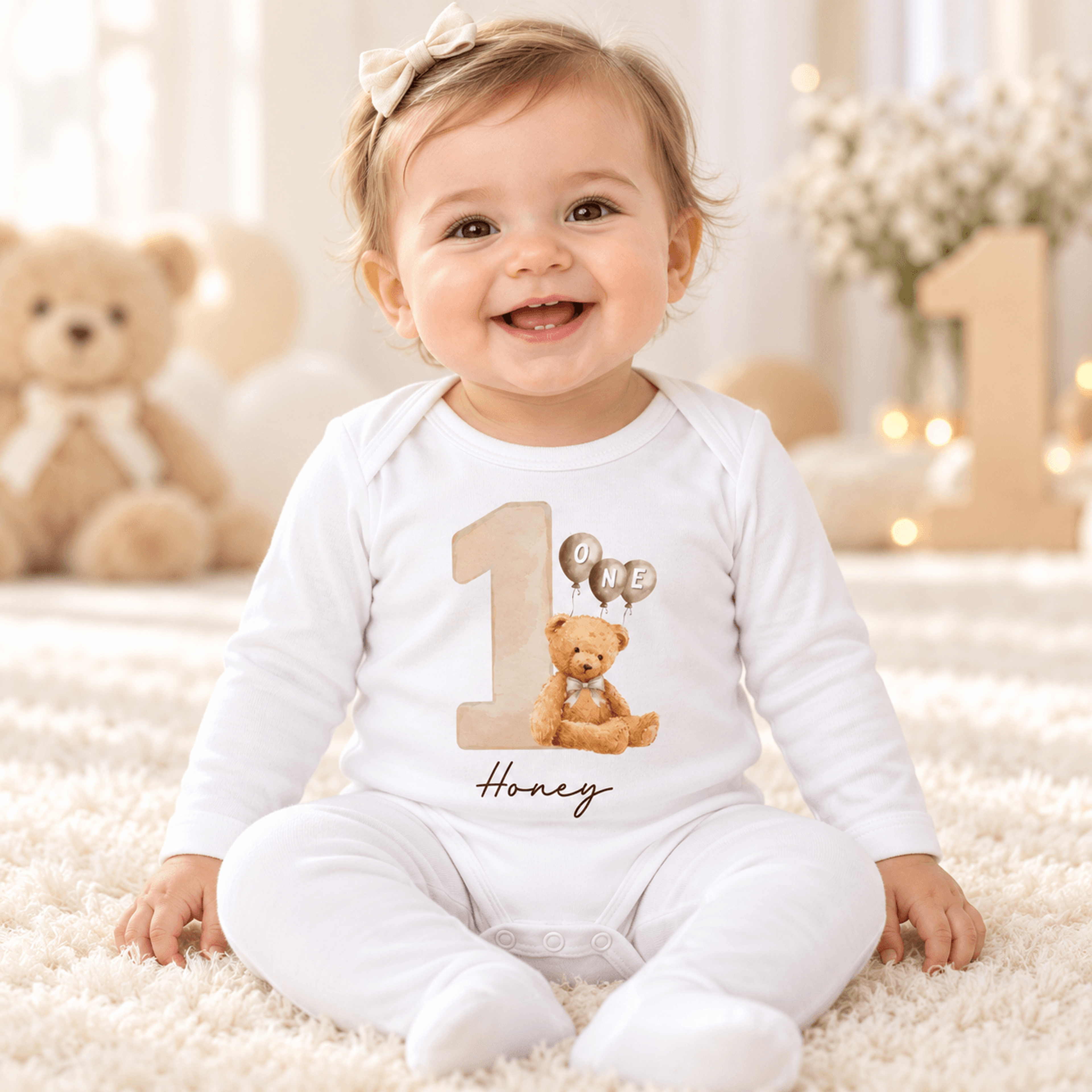 personalized first birthday baby bodysuit, custom name teddy bear 1st birthday outfit, one year old baby gift, birthday