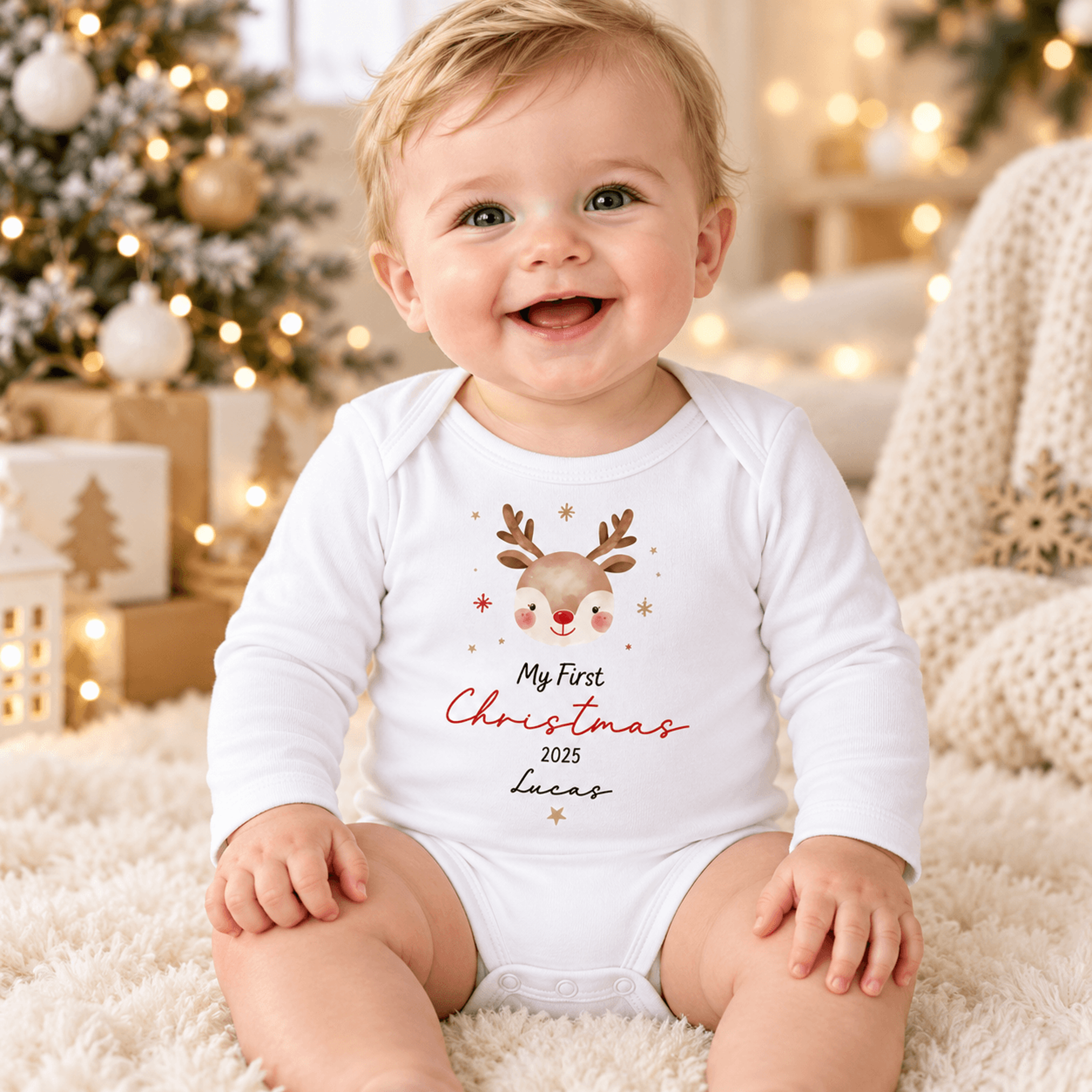 personalized my first christmas baby bodysuit, custom name and year reindeer christmas outfit, unisex baby holiday gift