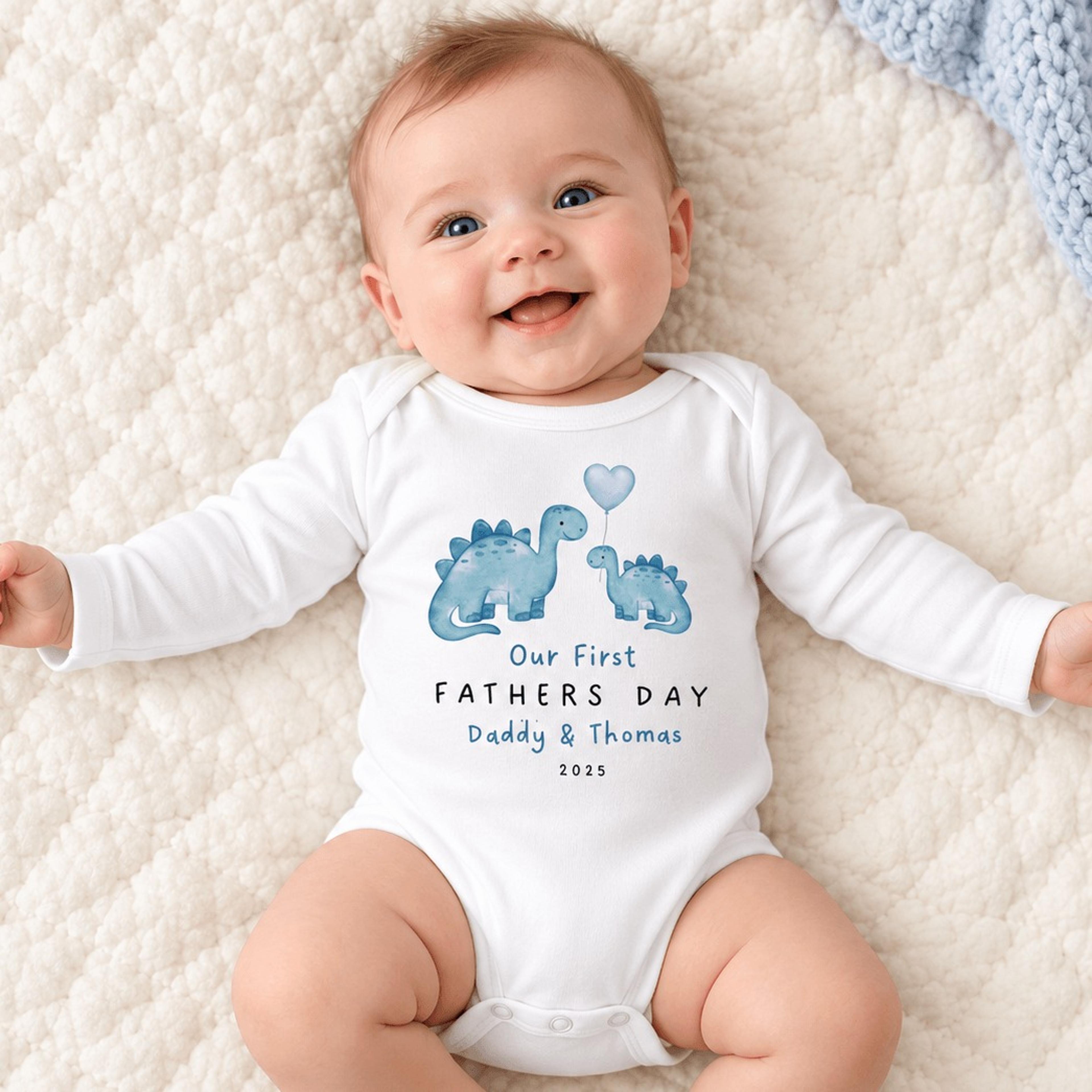 personalized our first fathers day baby bodysuit, cute dinosaur daddy and baby onesie, custom name first time dad gift