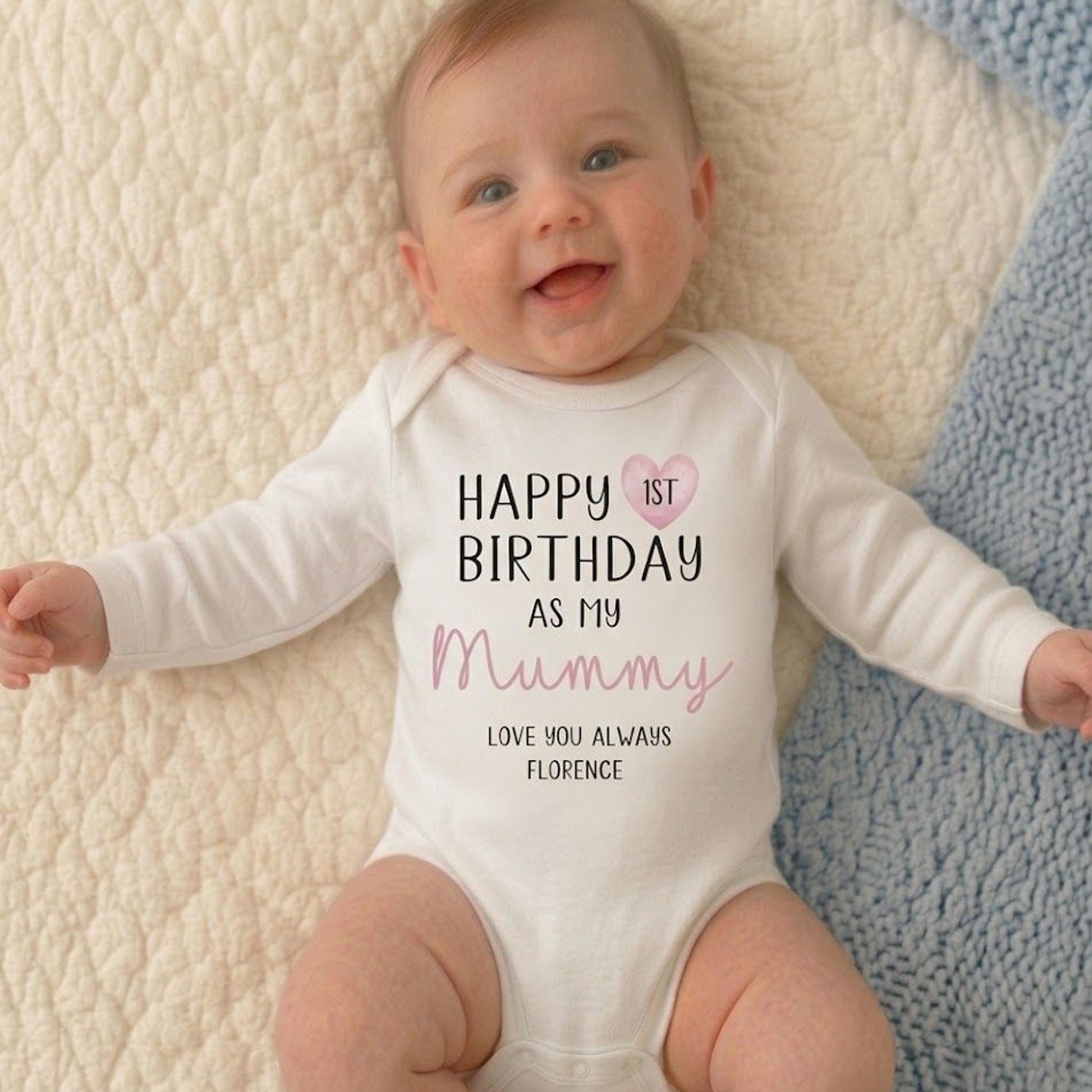 personalized mummy first birthday baby bodysuit, happy 1st birthday as my mummy outfit, custom baby name gift for mom