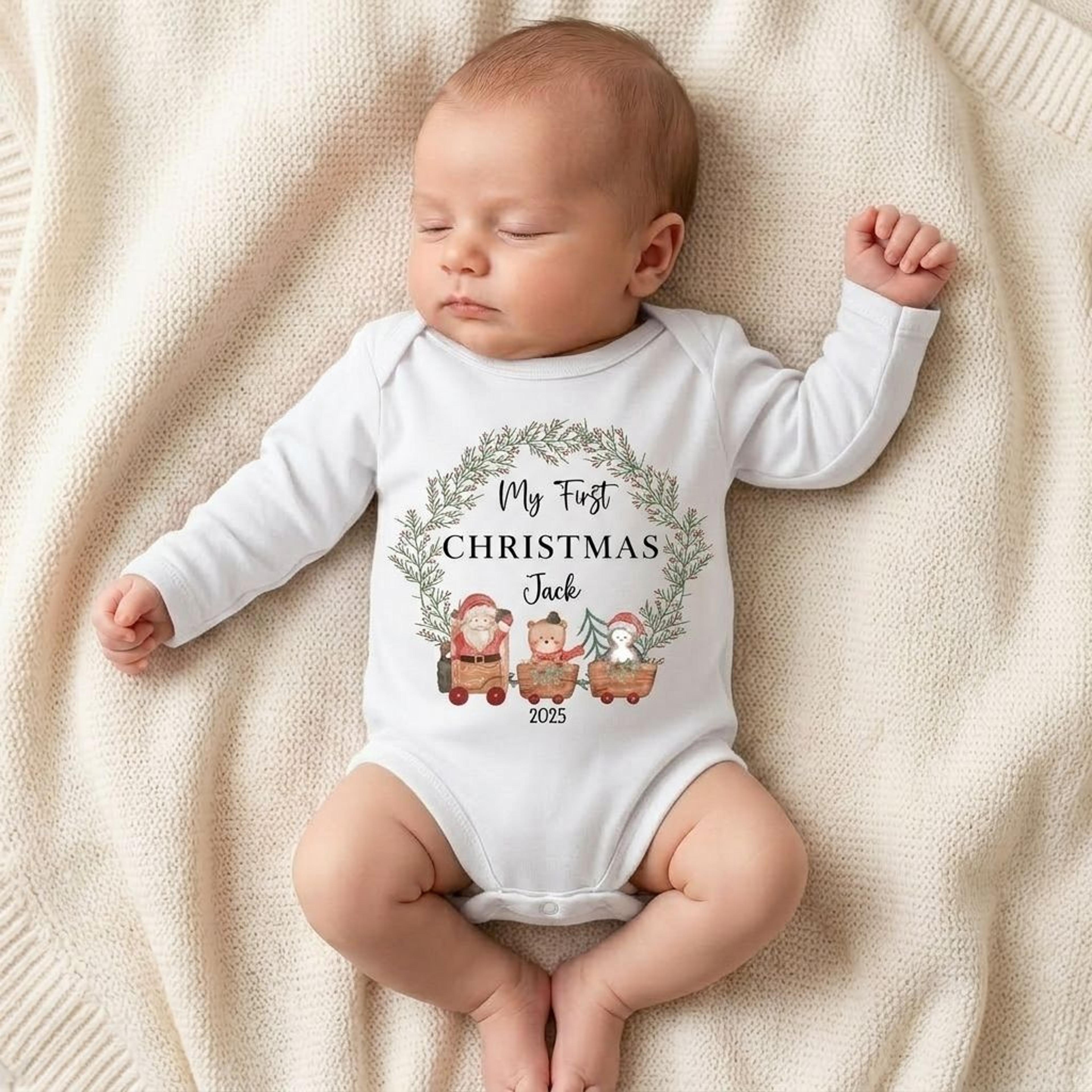 personalized my first christmas baby bodysuit, custom name christmas train romper, cute santa teddy bear newborn holiday