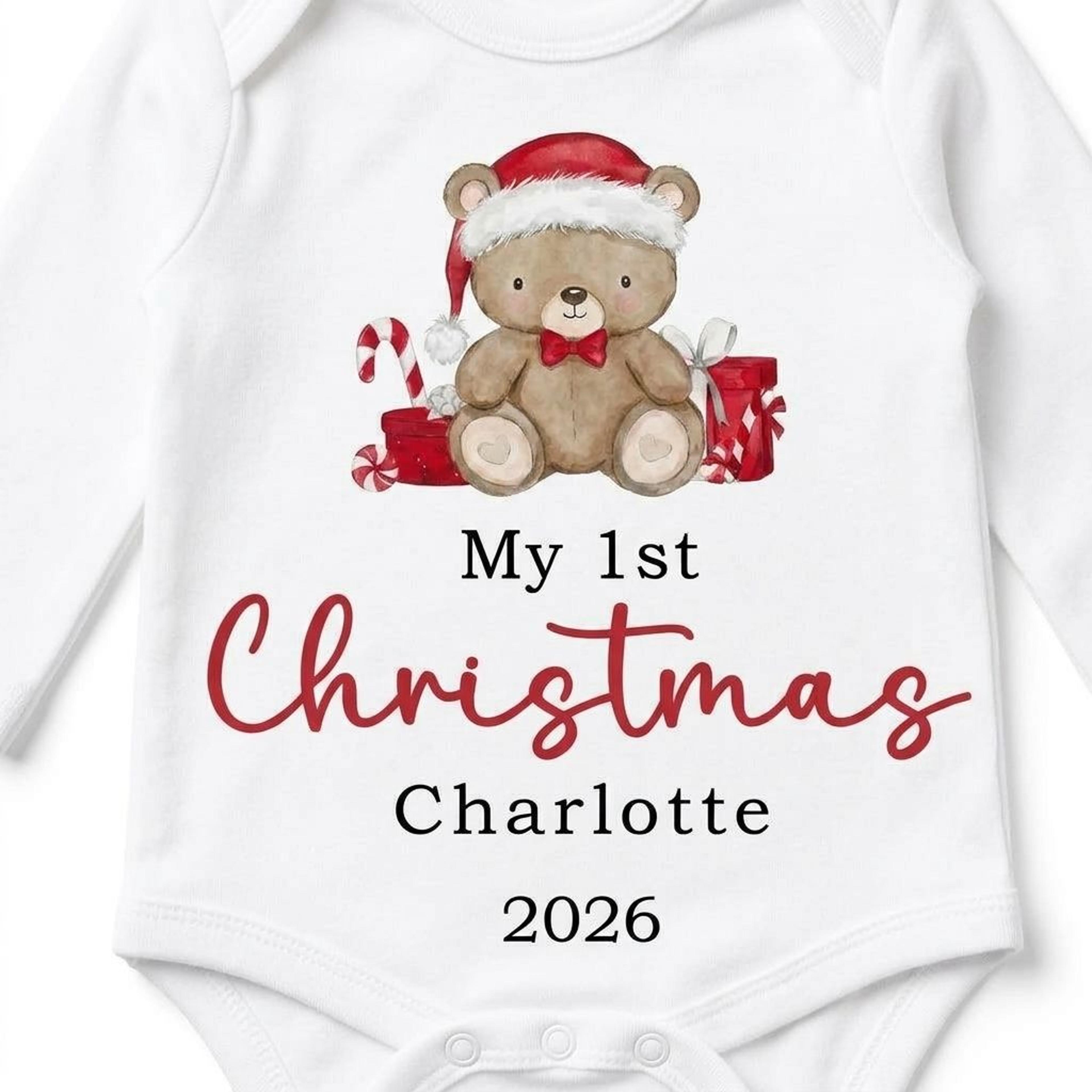 personalized my first christmas baby bodysuit, cute santa teddy bear christmas romper, custom baby name newborn holiday