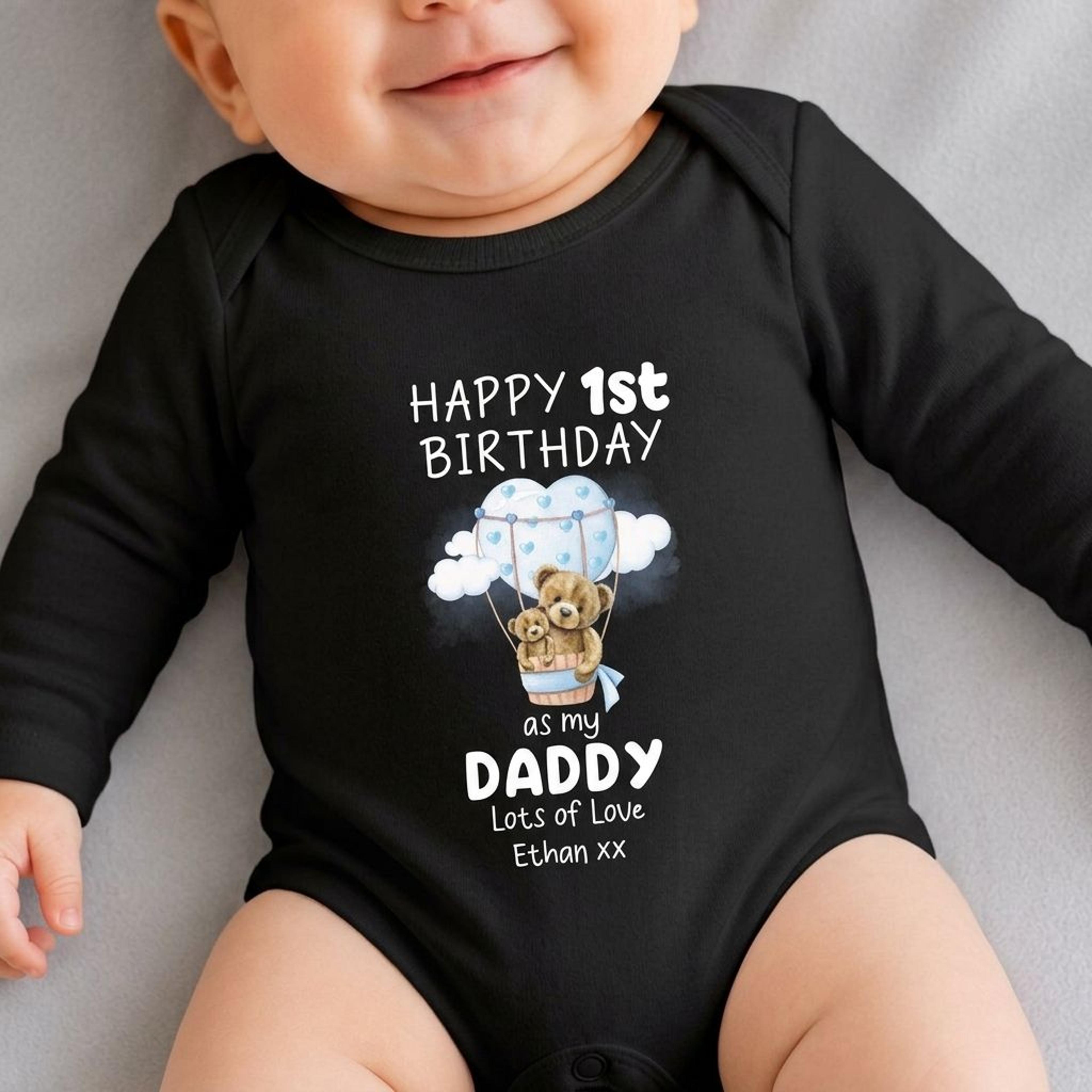 personalized happy 1st birthday as my daddy baby bodysuit, cute teddy bear balloon romper, custom name first birthday