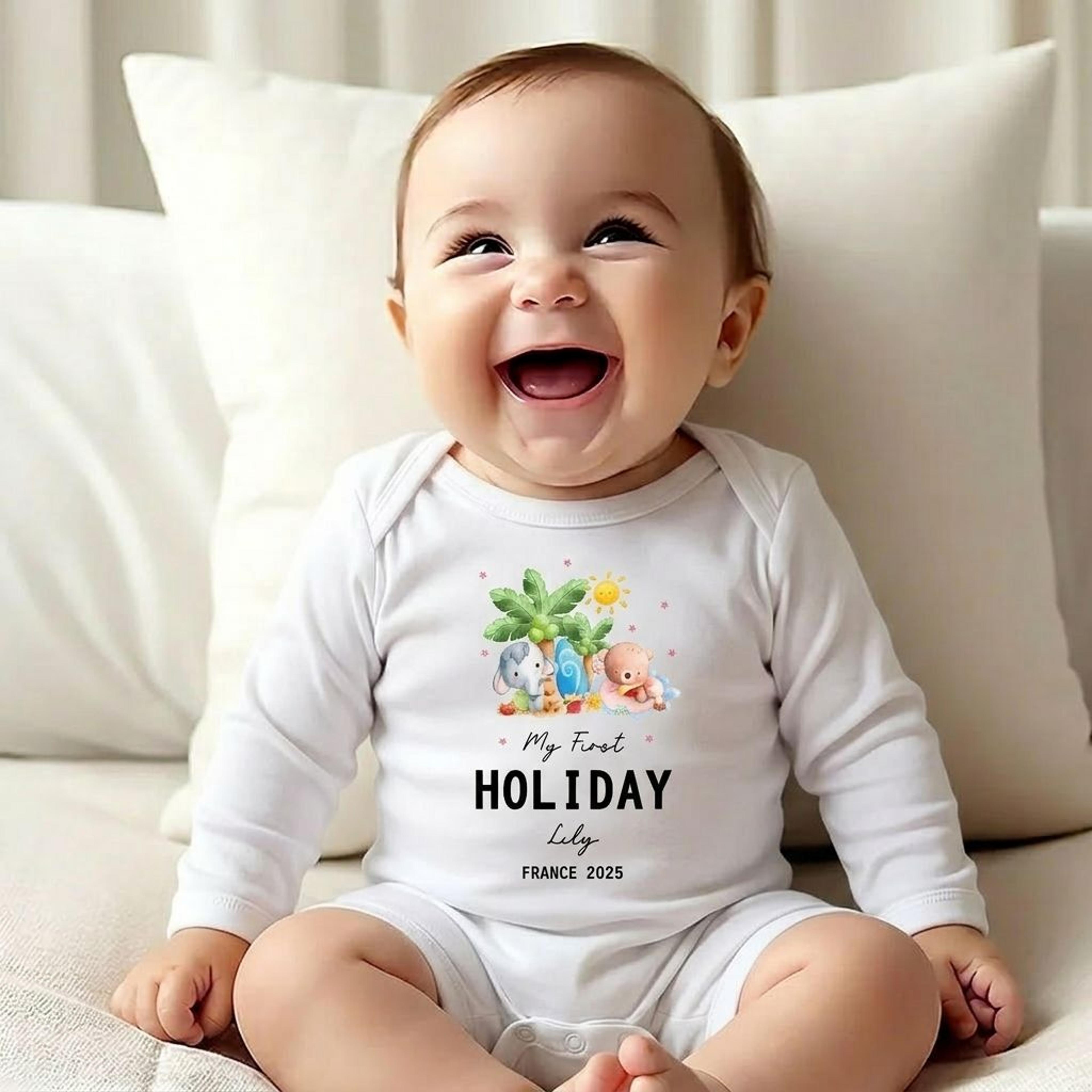 personalized my first holiday baby bodysuit, custom baby name vacation romper, cute tropical elephant baby outfit, first