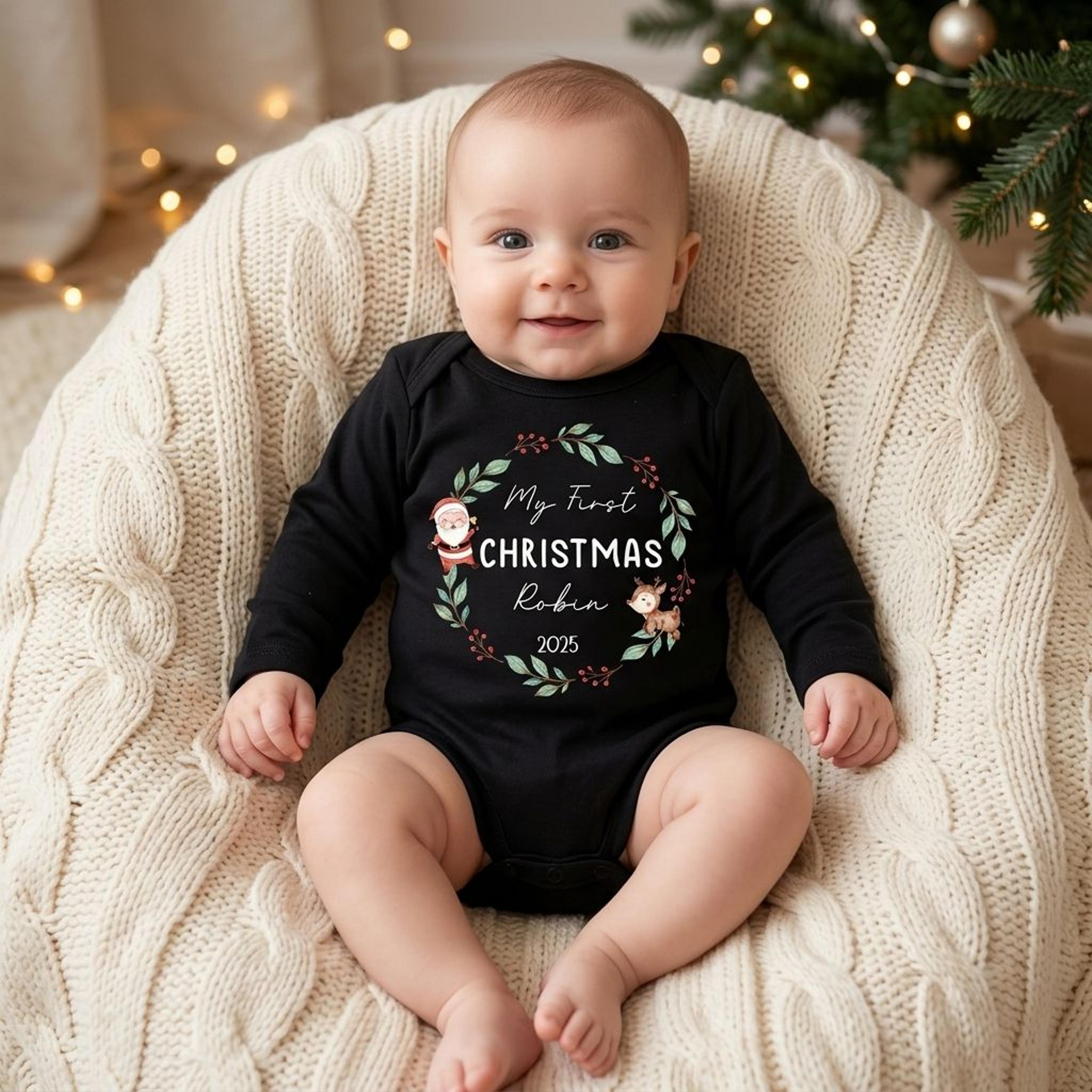 personalized my first christmas baby bodysuit, custom baby name christmas romper, cute santa reindeer wreath newborn