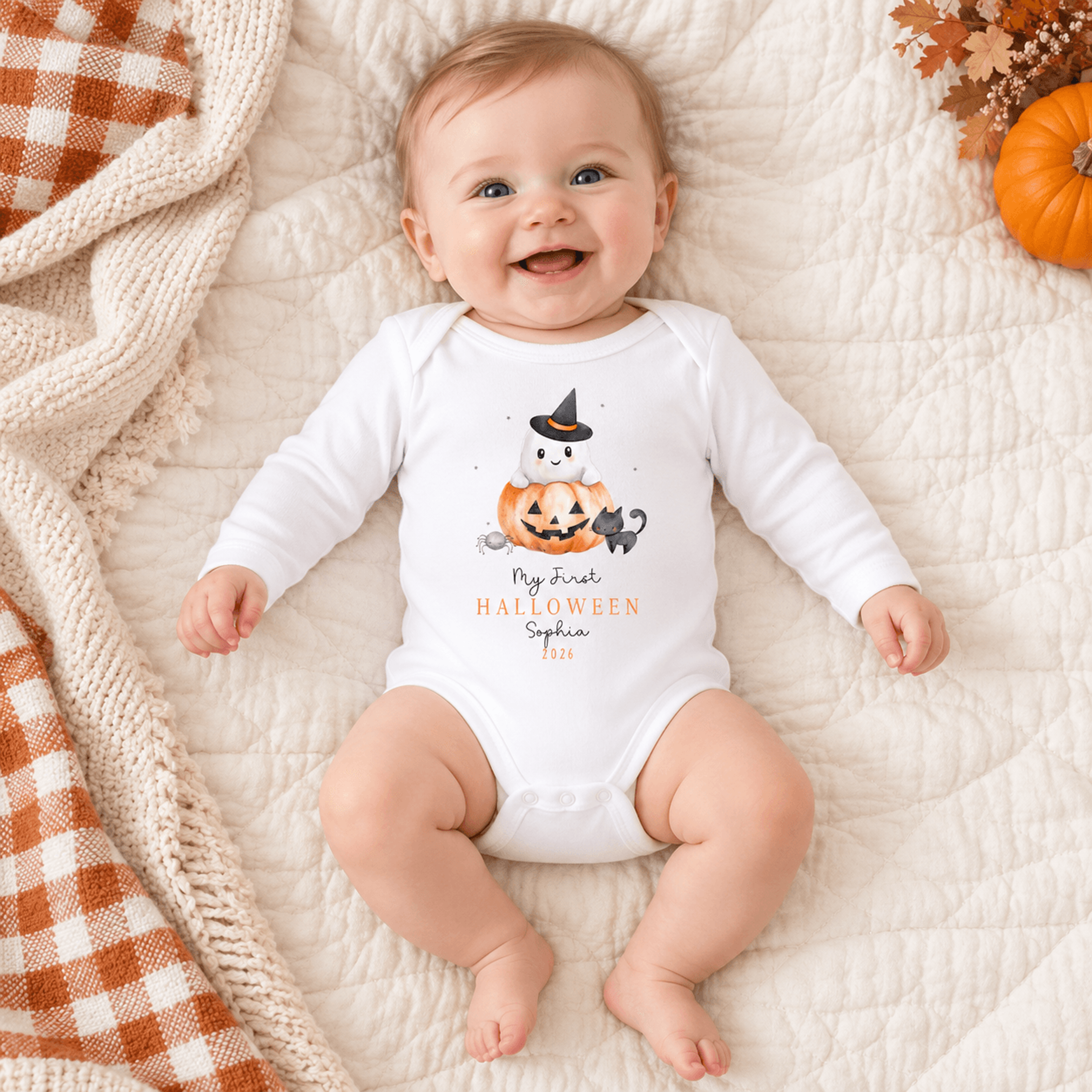 personalized my first halloween baby romper, custom name ghost pumpkin onesie, cute spooky baby outfit, unisex halloween