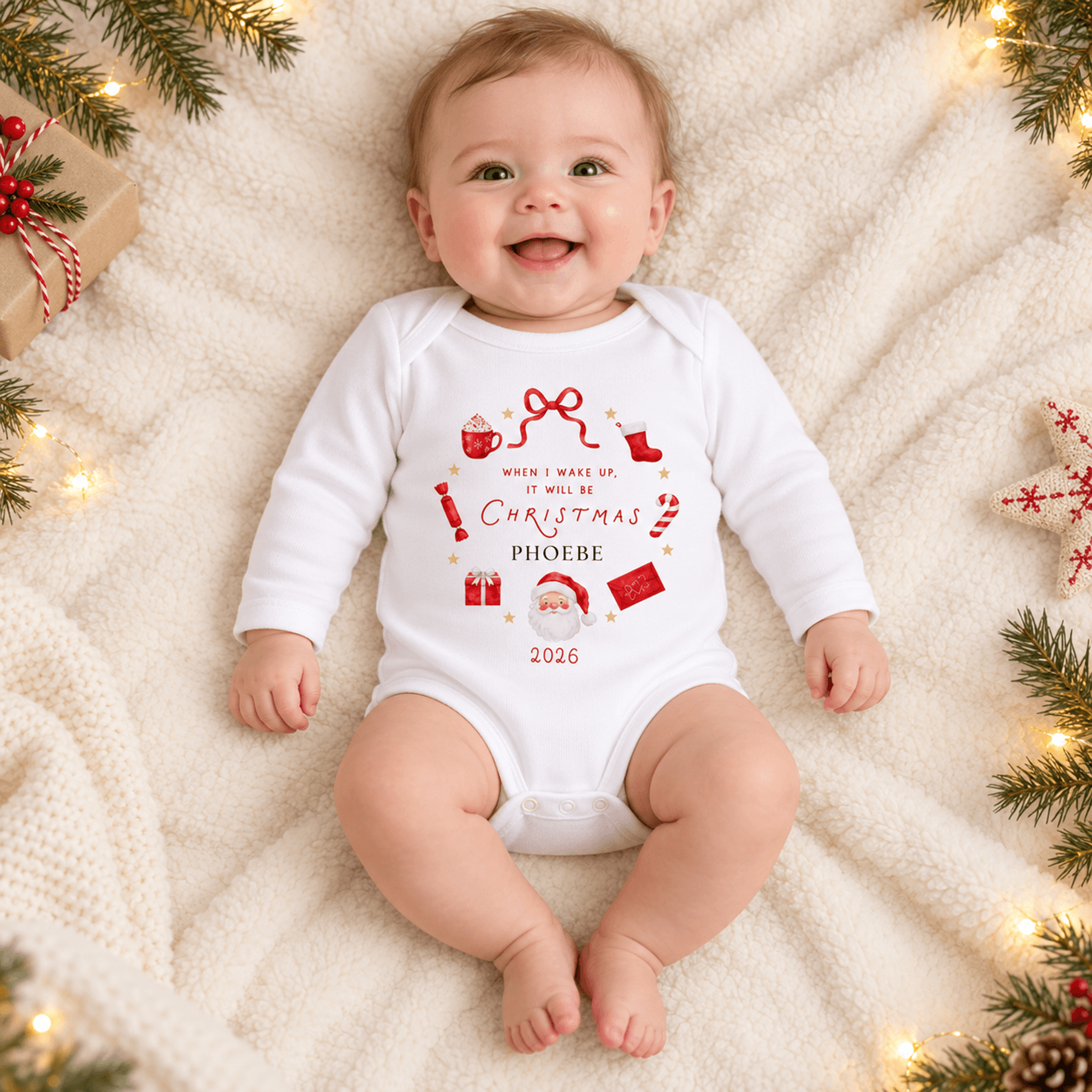 personalized when i wake up it will be christmas baby romper, custom name christmas onesie, cute santa holiday baby