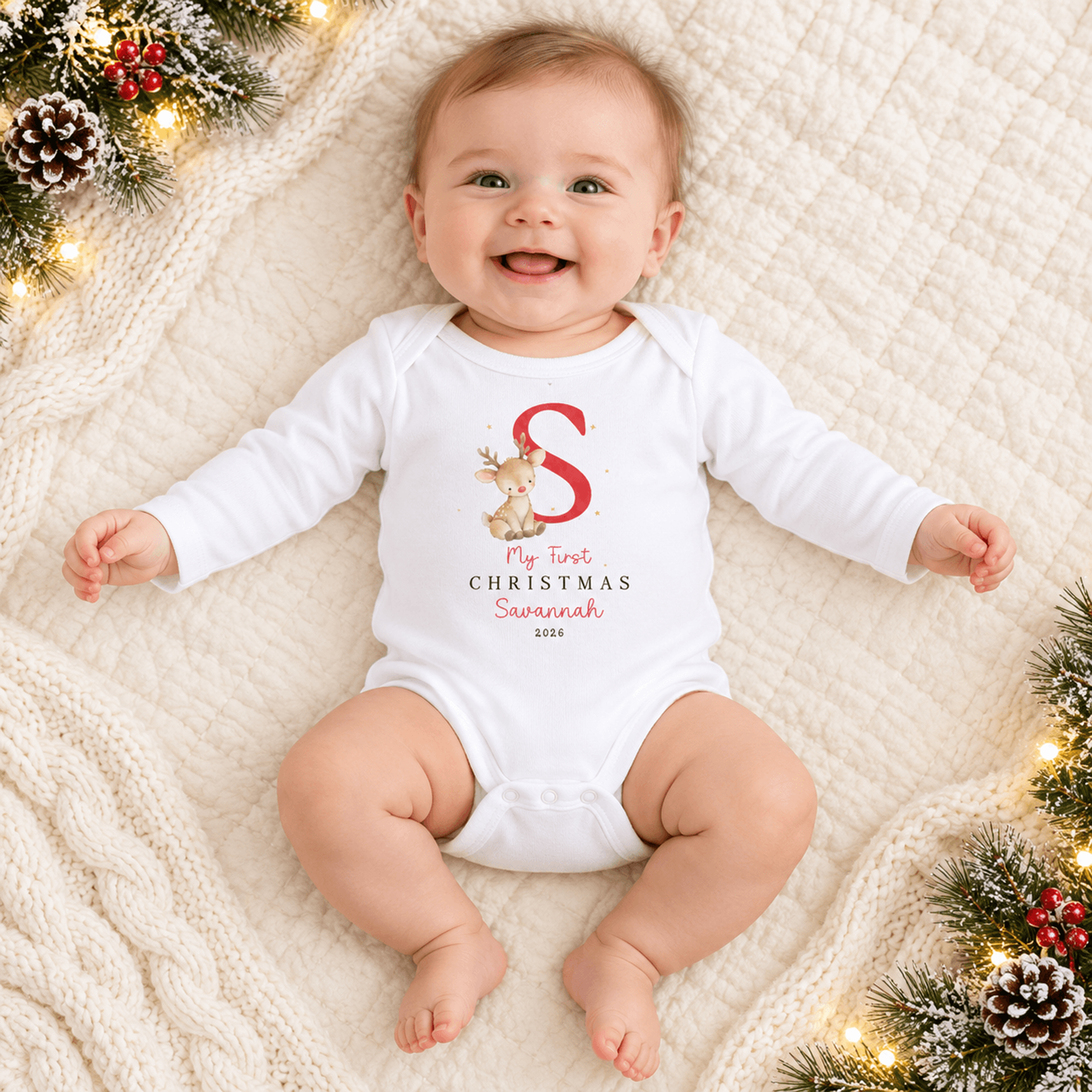 personalized my first christmas baby romper, custom initial and name reindeer onesie, unisex baby christmas outfit