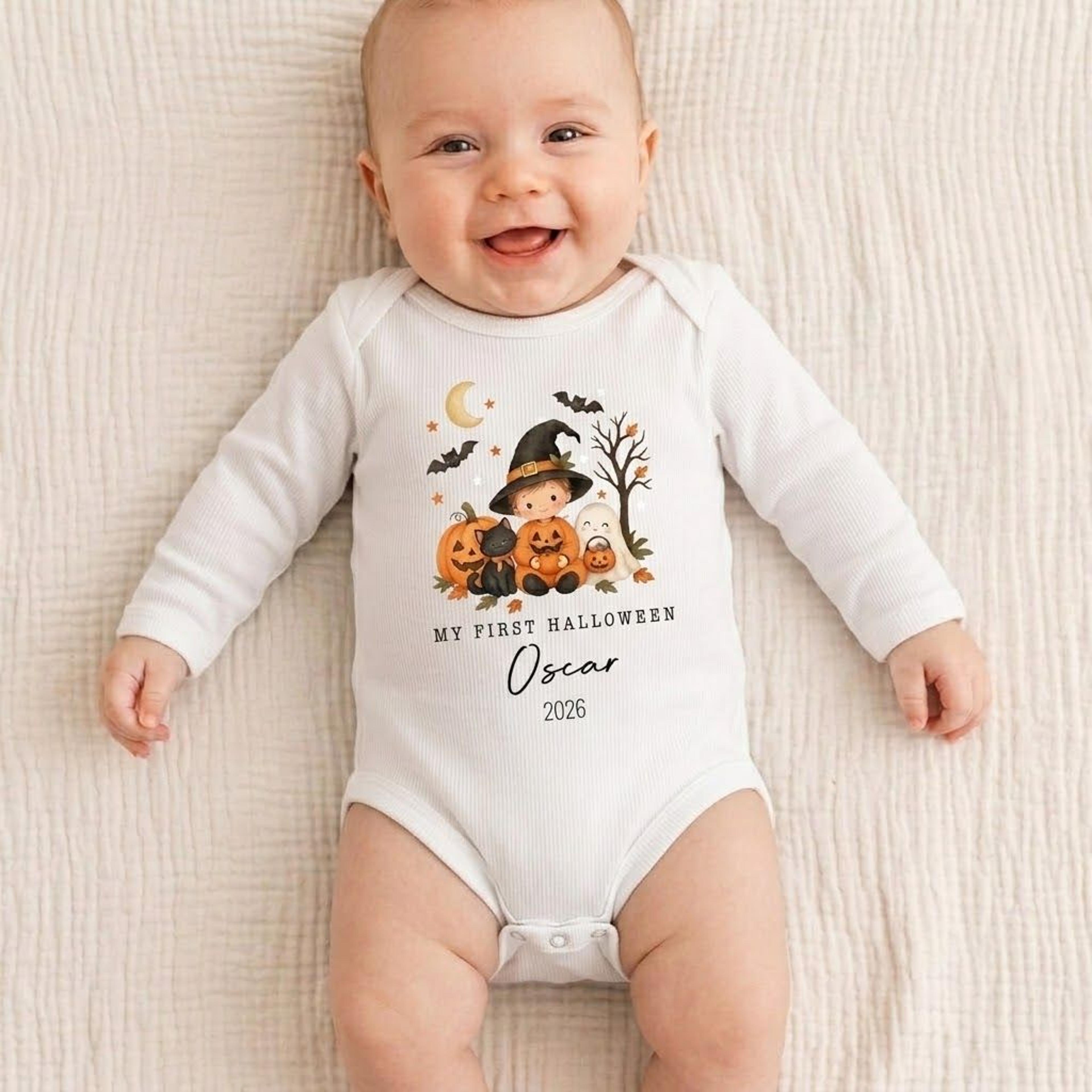 personalized my first halloween baby romper, custom name cute pumpkin witch ghost onesie, unisex baby halloween outfit
