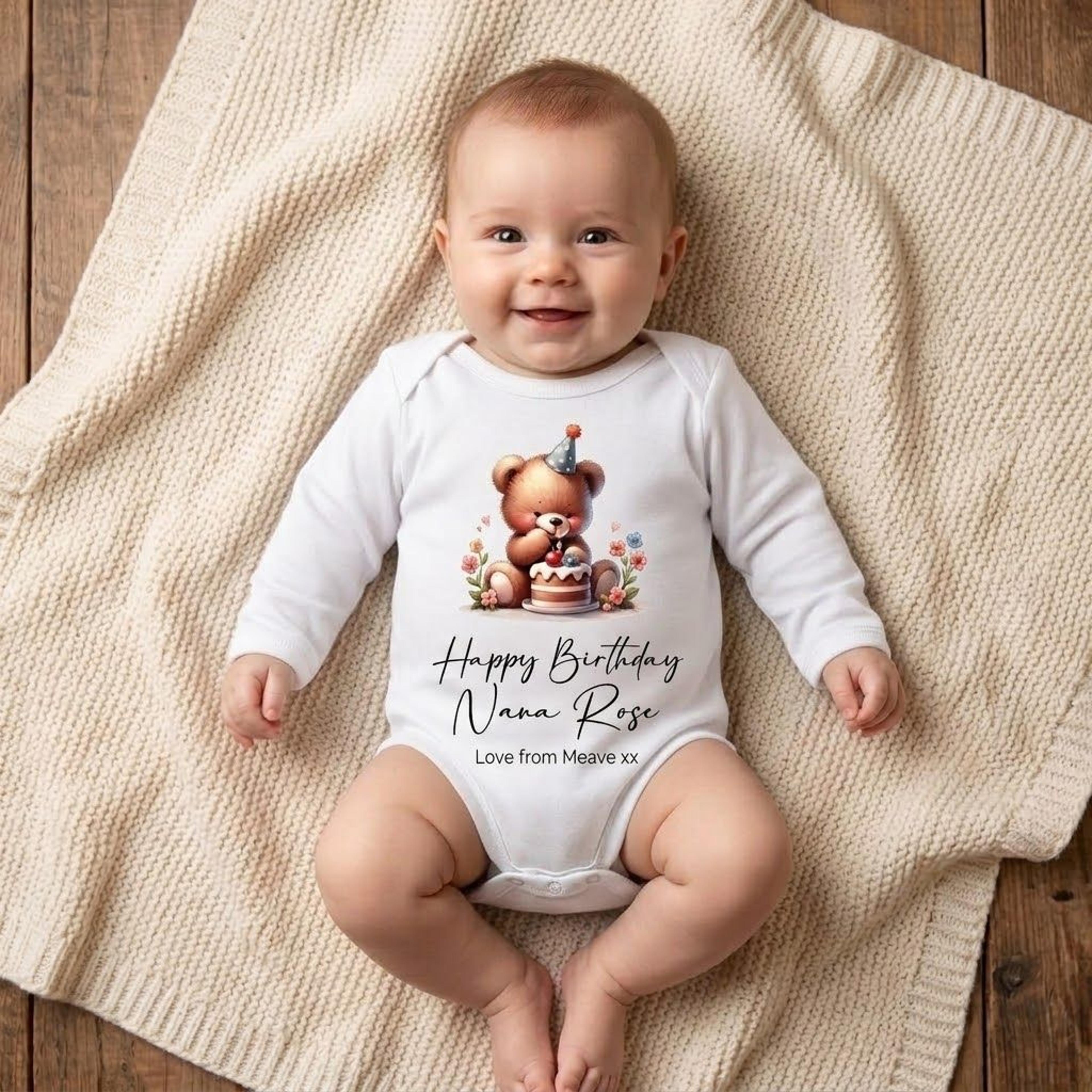 personalized happy birthday baby romper, cute teddy bear birthday onesie, custom name and message baby outfit, unisex