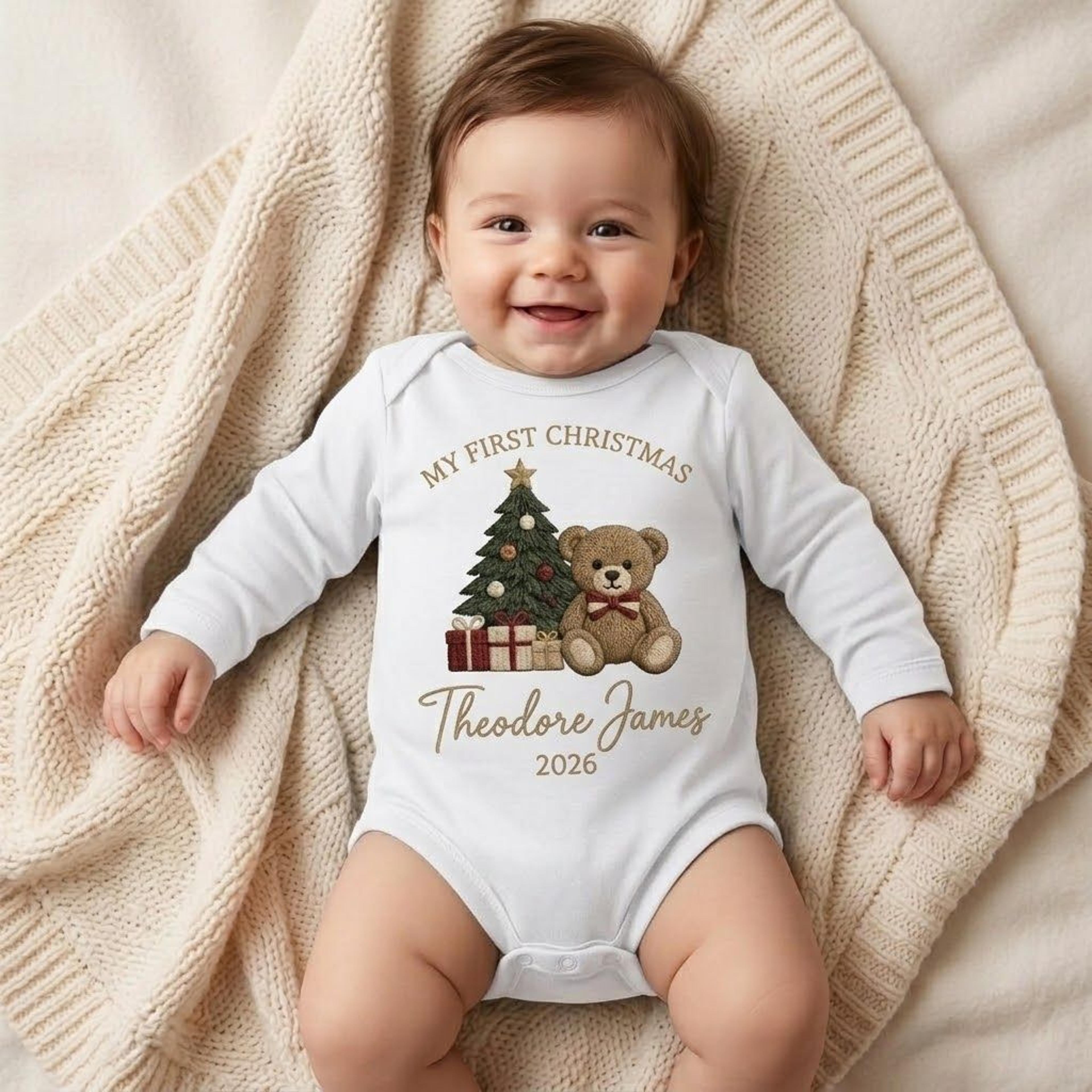 personalized my first christmas baby romper, custom name teddy bear christmas tree onesie, unisex baby holiday outfit