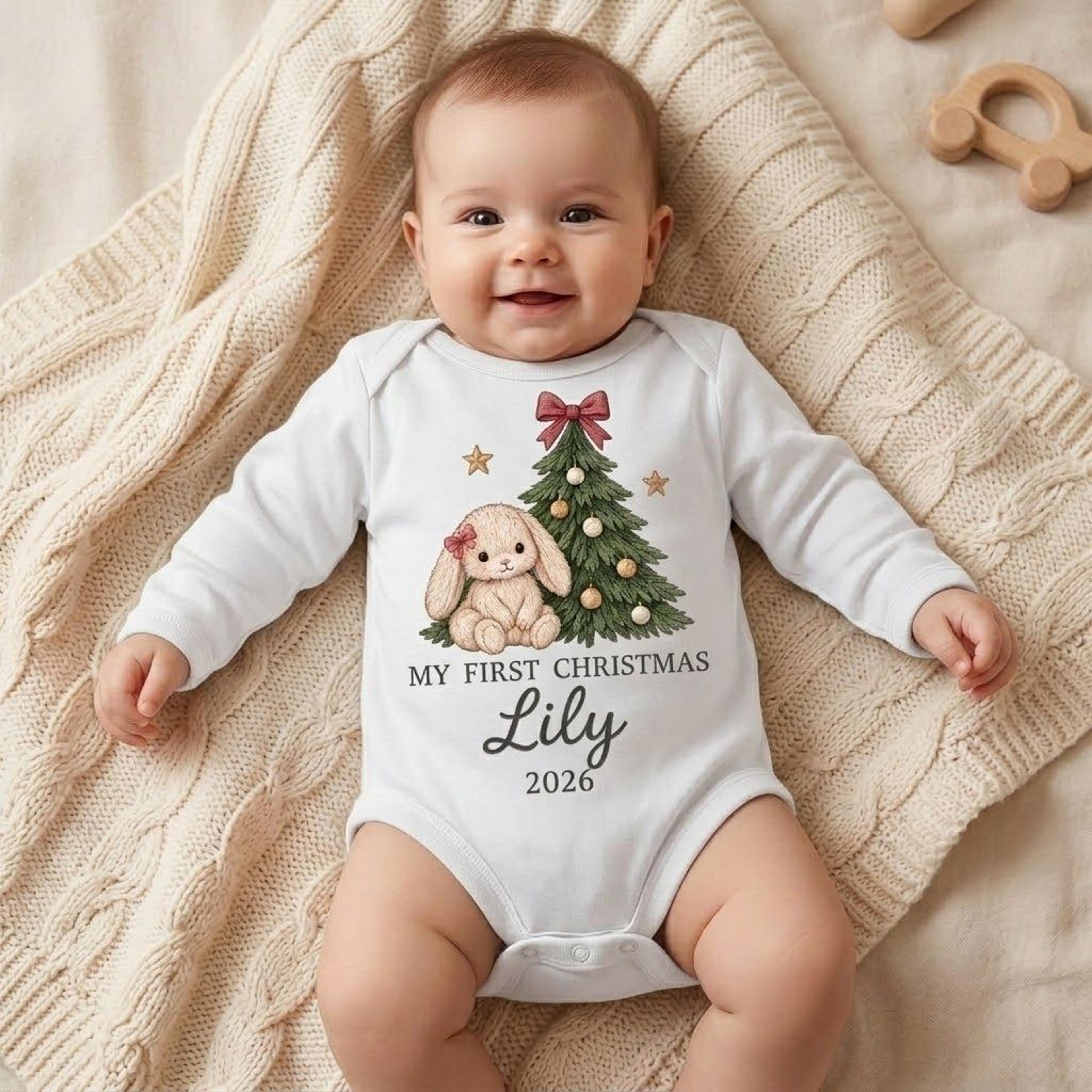 personalized my first christmas baby romper, cute bunny christmas tree onesie, custom name baby holiday outfit, unisex