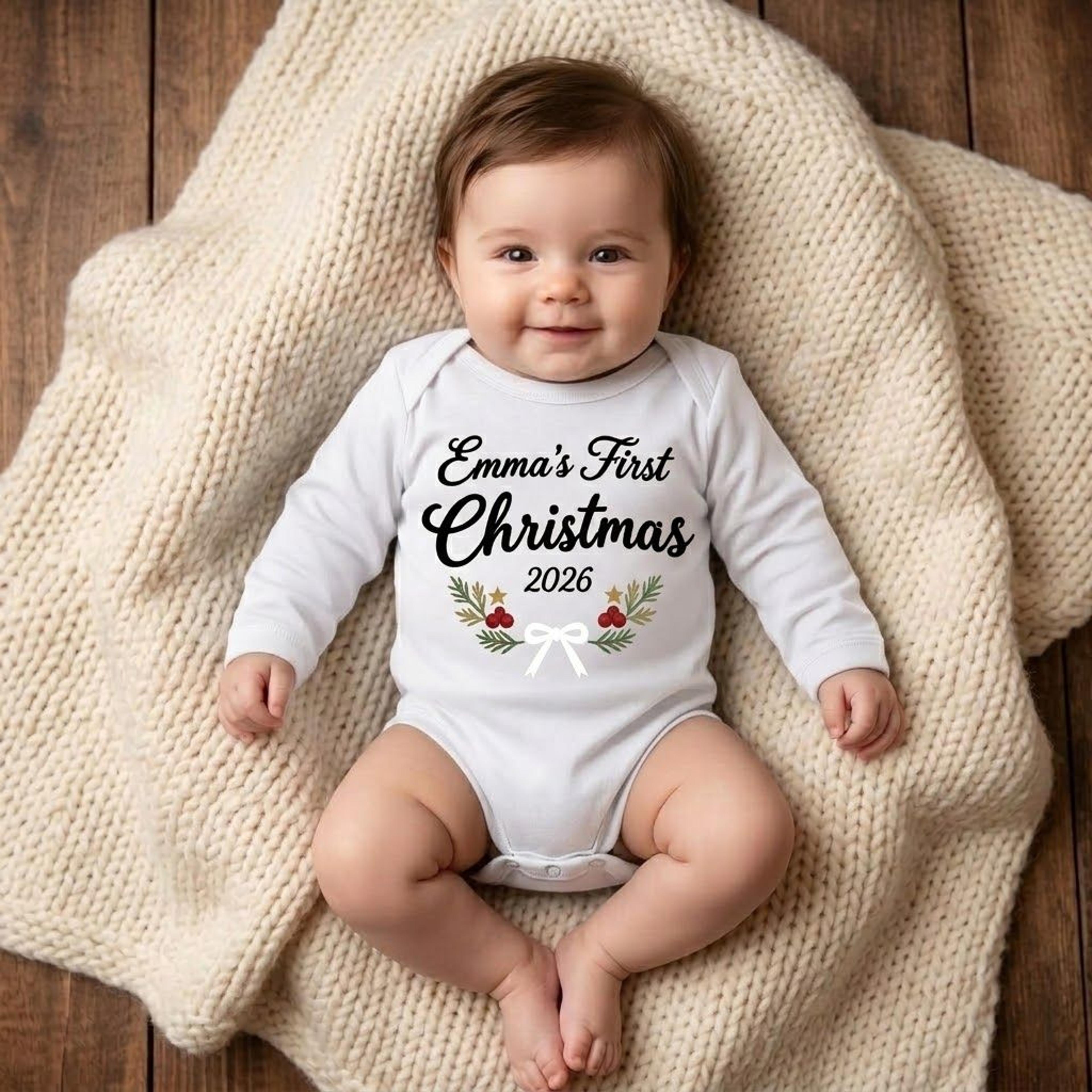 personalized baby's first christmas romper, custom name christmas onesie, holly berry holiday baby outfit, unisex xmas