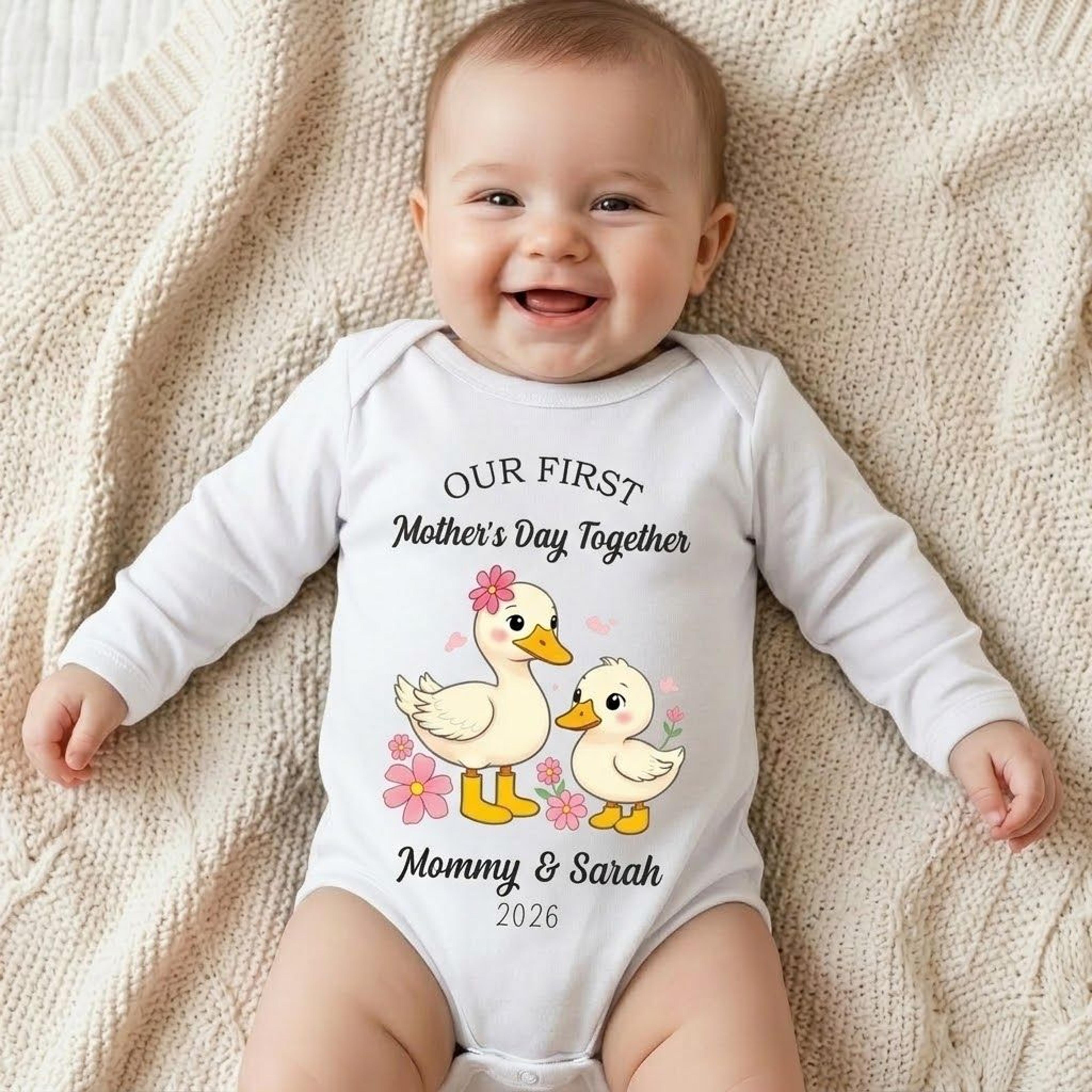 personalized first mother's day baby romper, mommy and baby duck onesie, custom name mother's day outfit, unisex baby