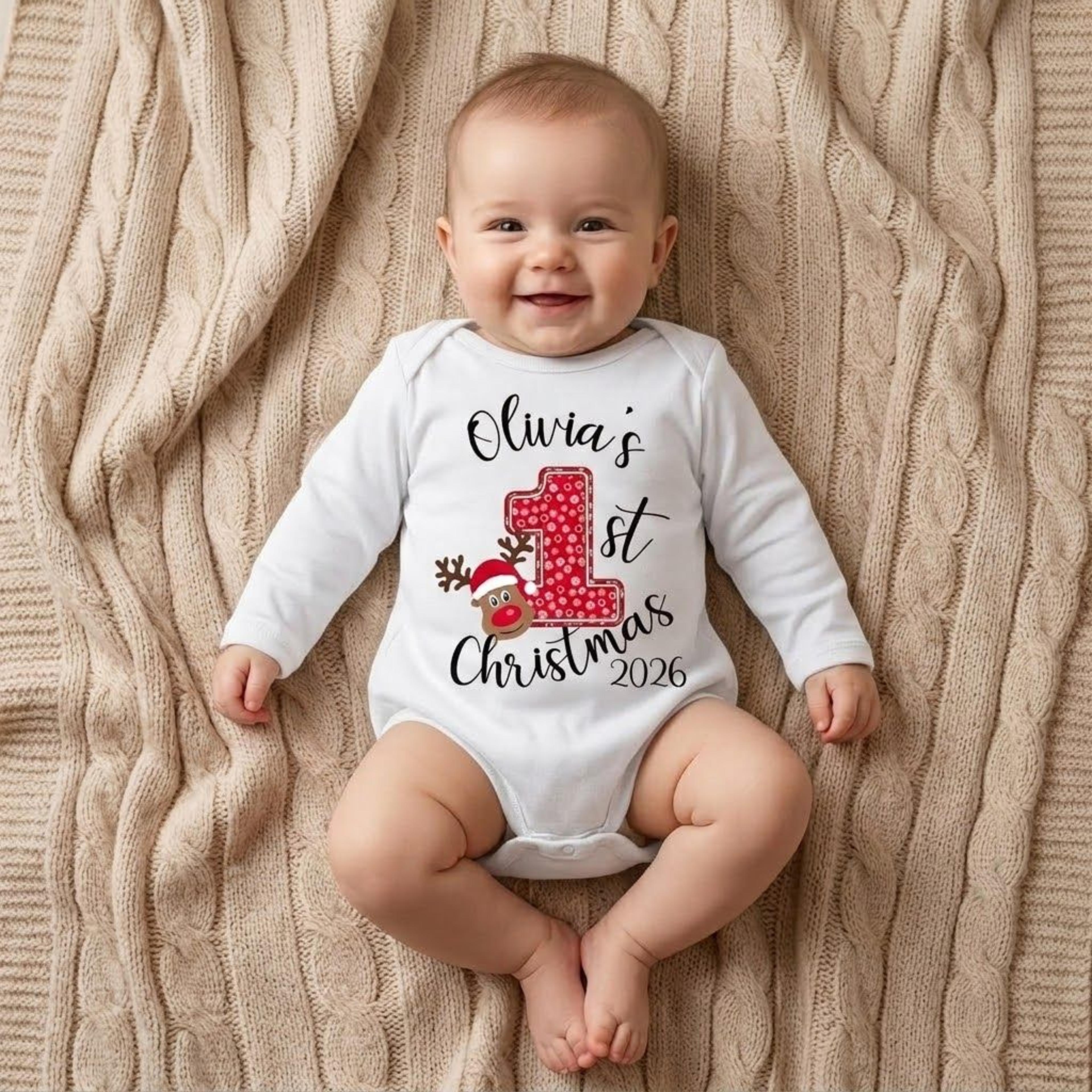 personalized baby first christmas romper, custom name 1st christmas onesie, cute reindeer holiday outfit, christmas baby